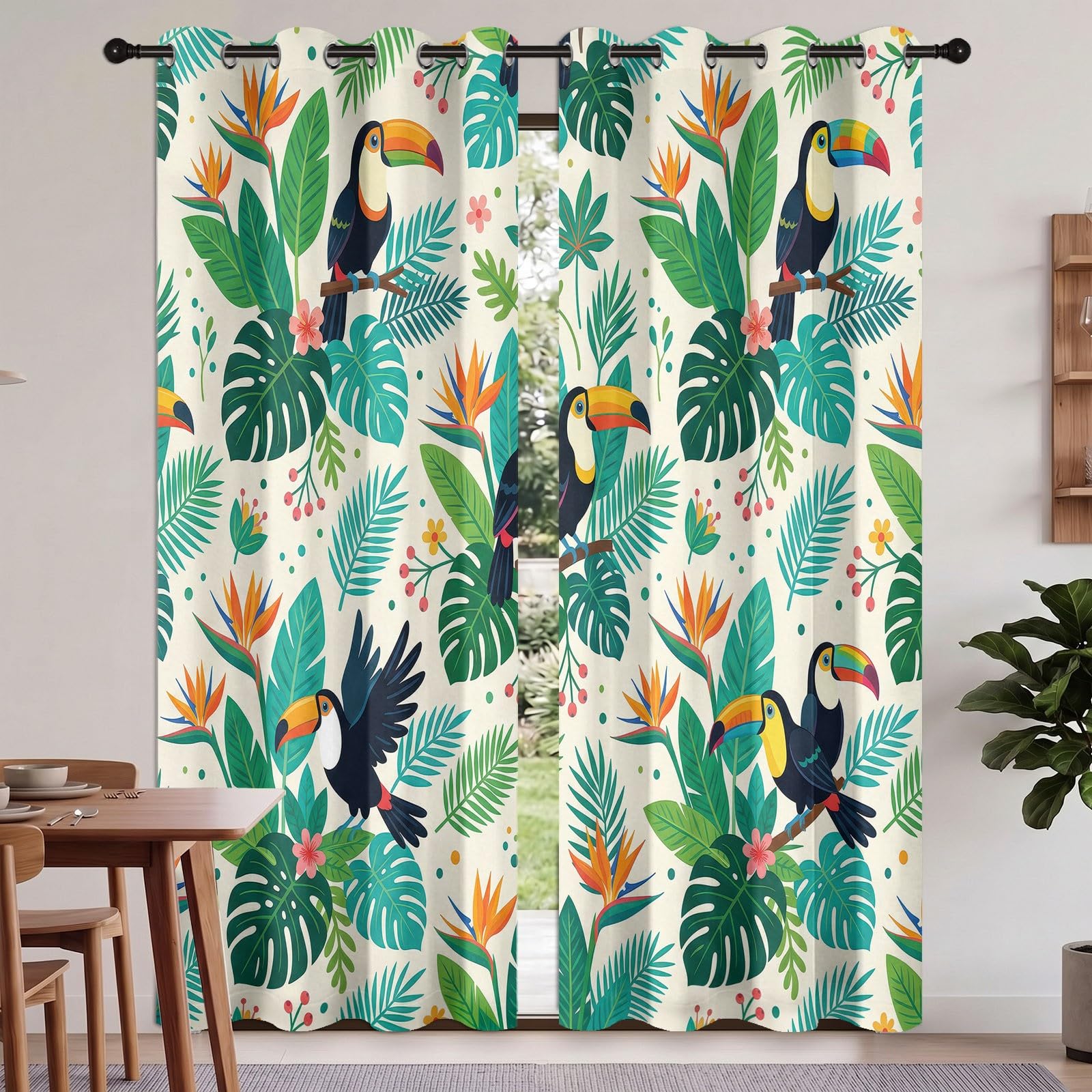 Firany na przelotkach, nowoczesne zasłony z tukanem i liśćmi, wys. 175 x szer. 140 cm (2 sztuki) - ptaki, rośliny i kwiaty, zasłony zaciemniające, nieprzejrzyste zasłony do dekoracji okien w sypialni