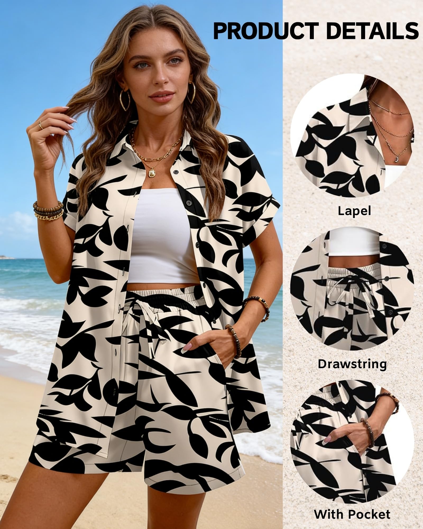Completi Estivi da Donna a Due Pezzi Copricostumi con Stampa Floreale Set Composto da Camicetta a Maniche Corte e Pantaloncini Abbigliamento da Spiaggia Estivo Foglia nera M