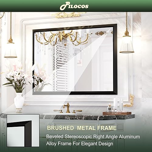 Miniatura 6 de Espejo de baño con marco negro de 36 x 30 pulgadas para pared, espejo rectangular de tocador de baño, espejo de pared negro mate con marco biselado