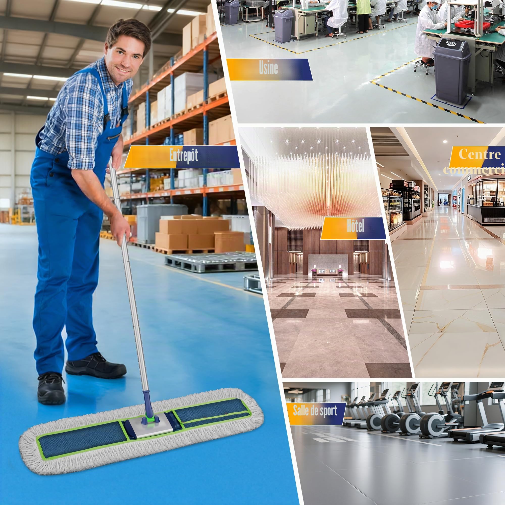 Grand balai plat industriel : 104 cm de large et très résistant pour sols en bois dur – Plumeau pour sols secs avec 2 tampons de 150 cm de long manche pour garage, entrepôt, nettoyage d'usine