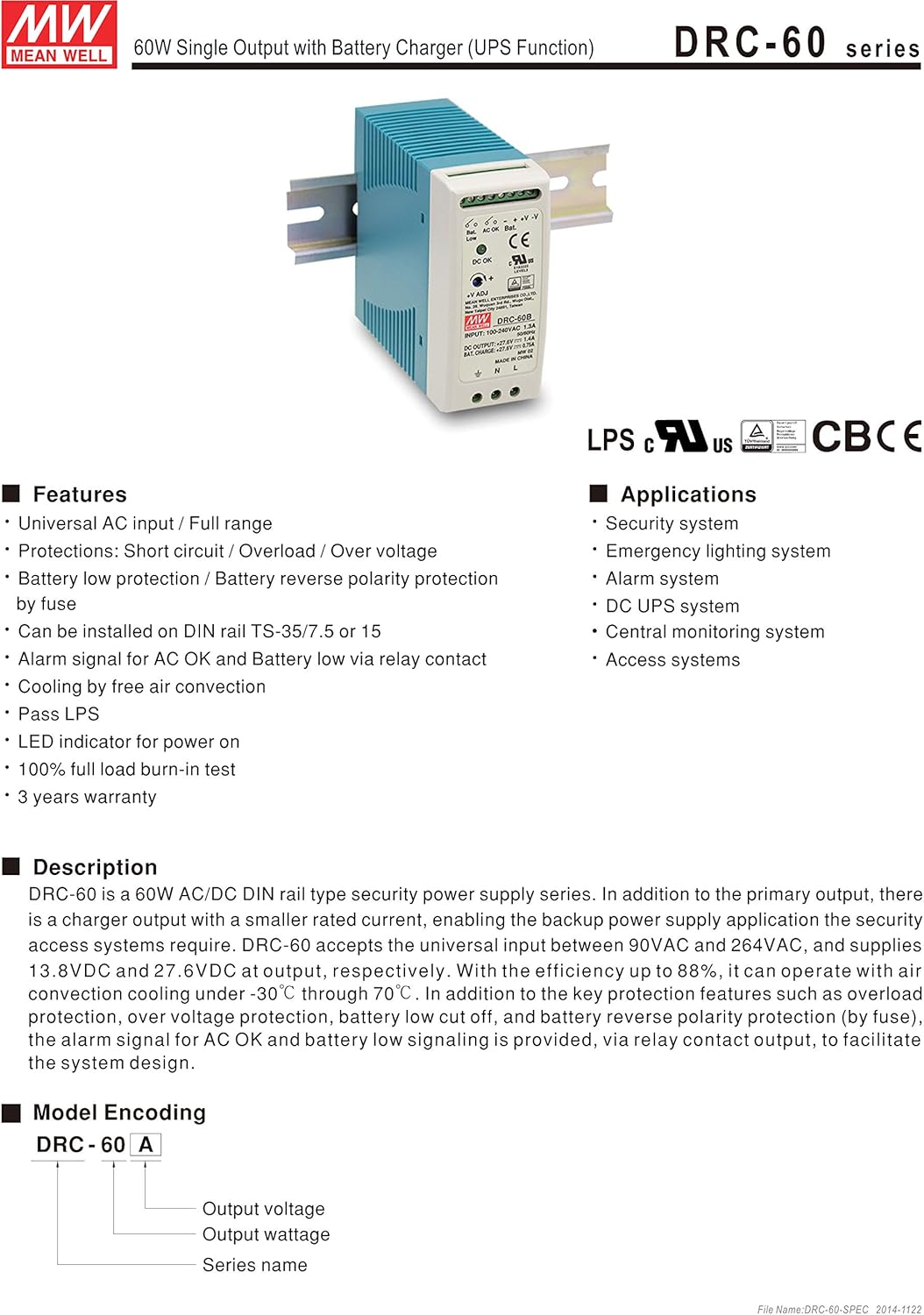 EverSale MEAN WELL DRC-60A 13.8V 2.8A 1.5A 59.34W Single Output UPS with Battery Charger (Blue, DIN Rail)