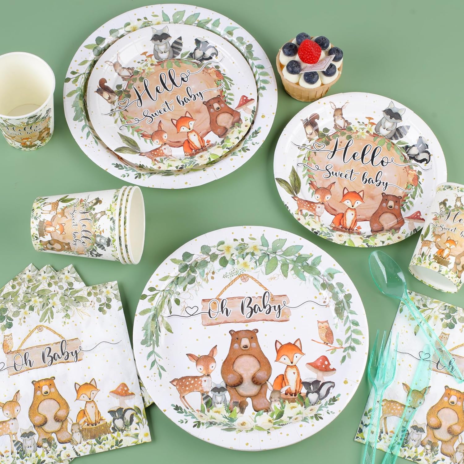 142PCS-Woodland-Baby-Shower-Party-Decorations for Boys Girls,Safari Jungle Wild Animal Tableware Set Serve 20,Party Supplies With Disposable Plates Napkin Cups Forks Knives Spoon Banner Tablecloth
