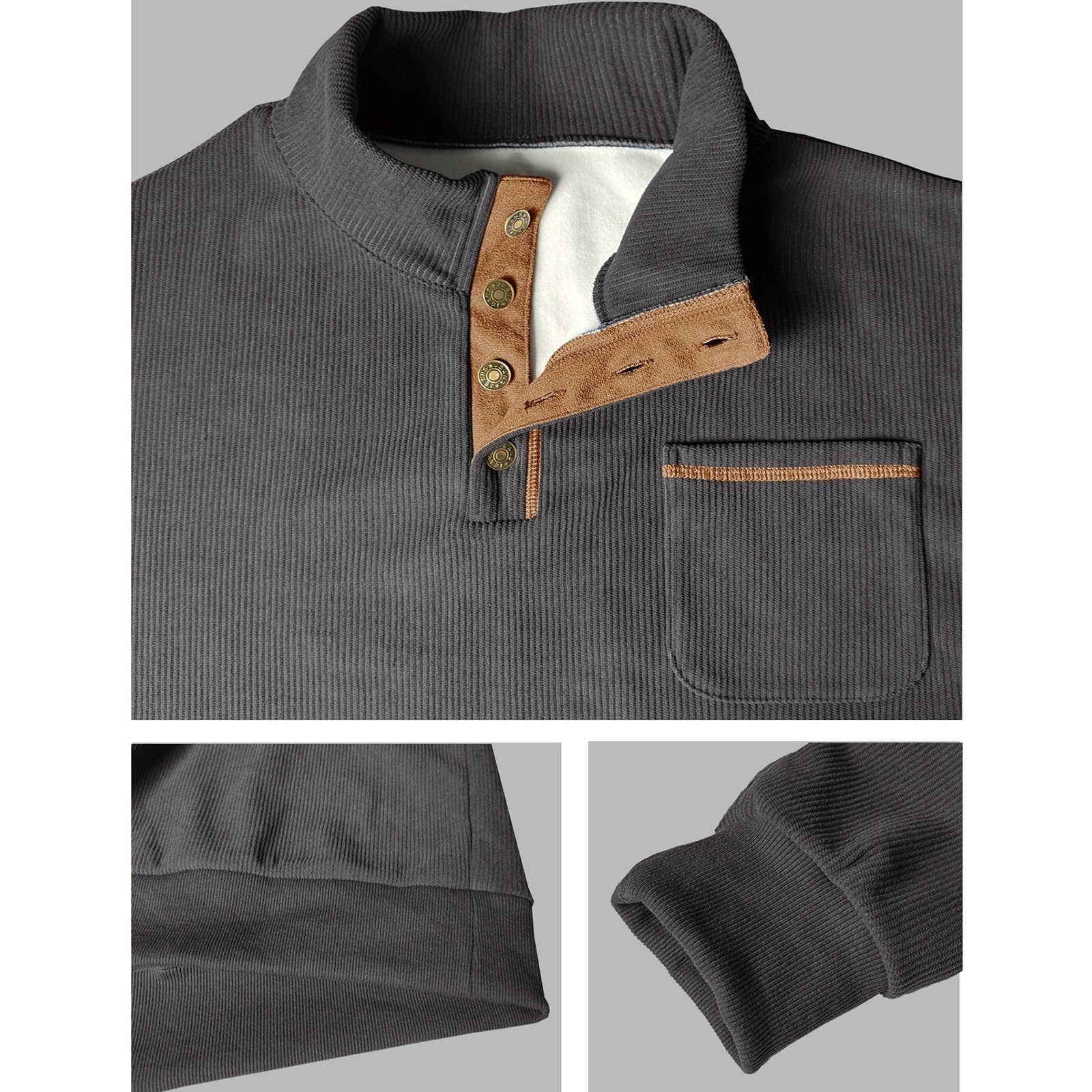 Sudadera para hombre de pana, suéter de invierno cálido para hombre, sudaderas con forro polar, suéter con 1/4 botón, cuello alto, jersey para hombre, monocolor, parte superior clásica
