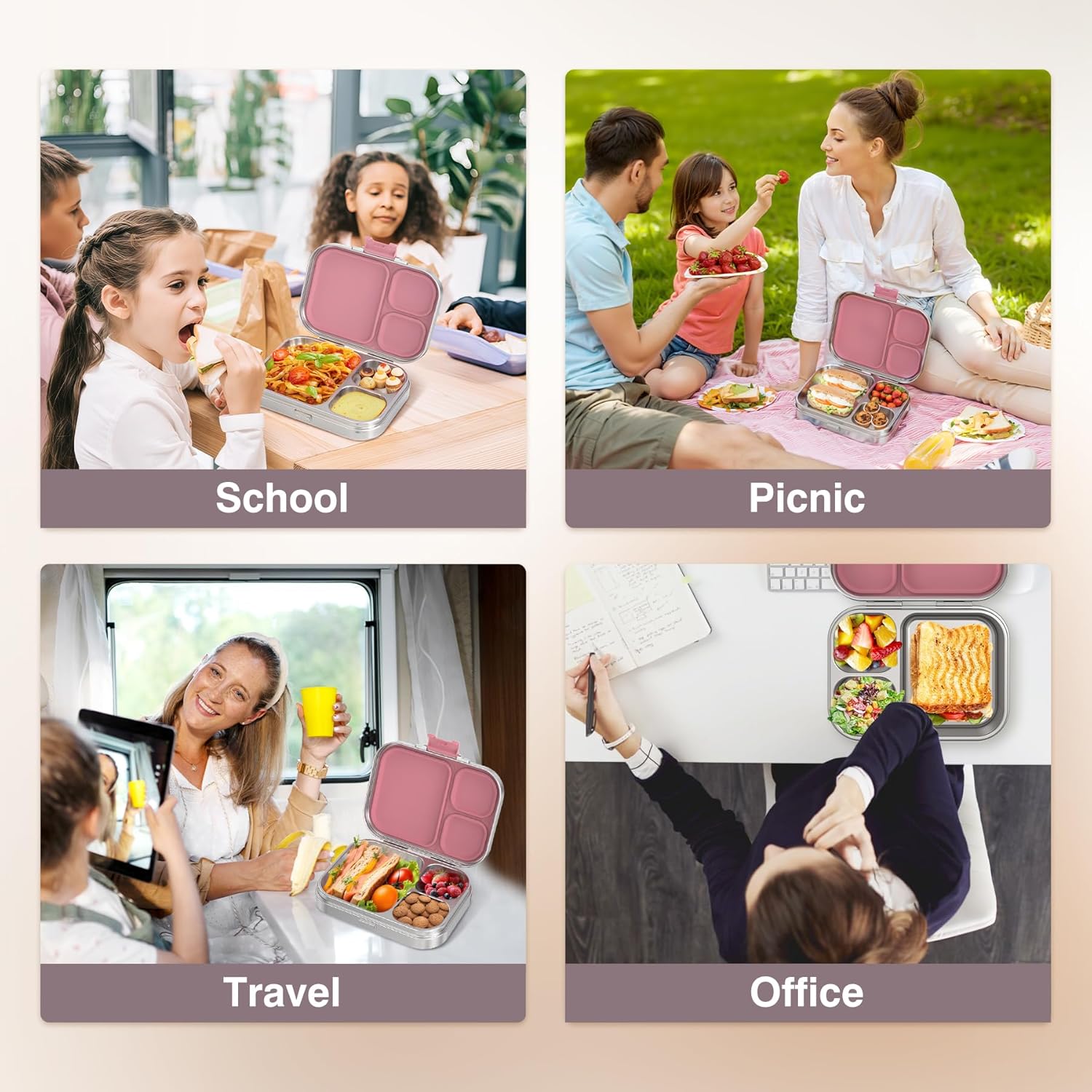 Stainless Steel Bento Lunch Box Kids, 3 Compartments Metal Bento Box Container for Kids Adults, Leak-Proof Lunch Box for Office, Dishwasher Safe, BPA-Free, Pink - Image 7