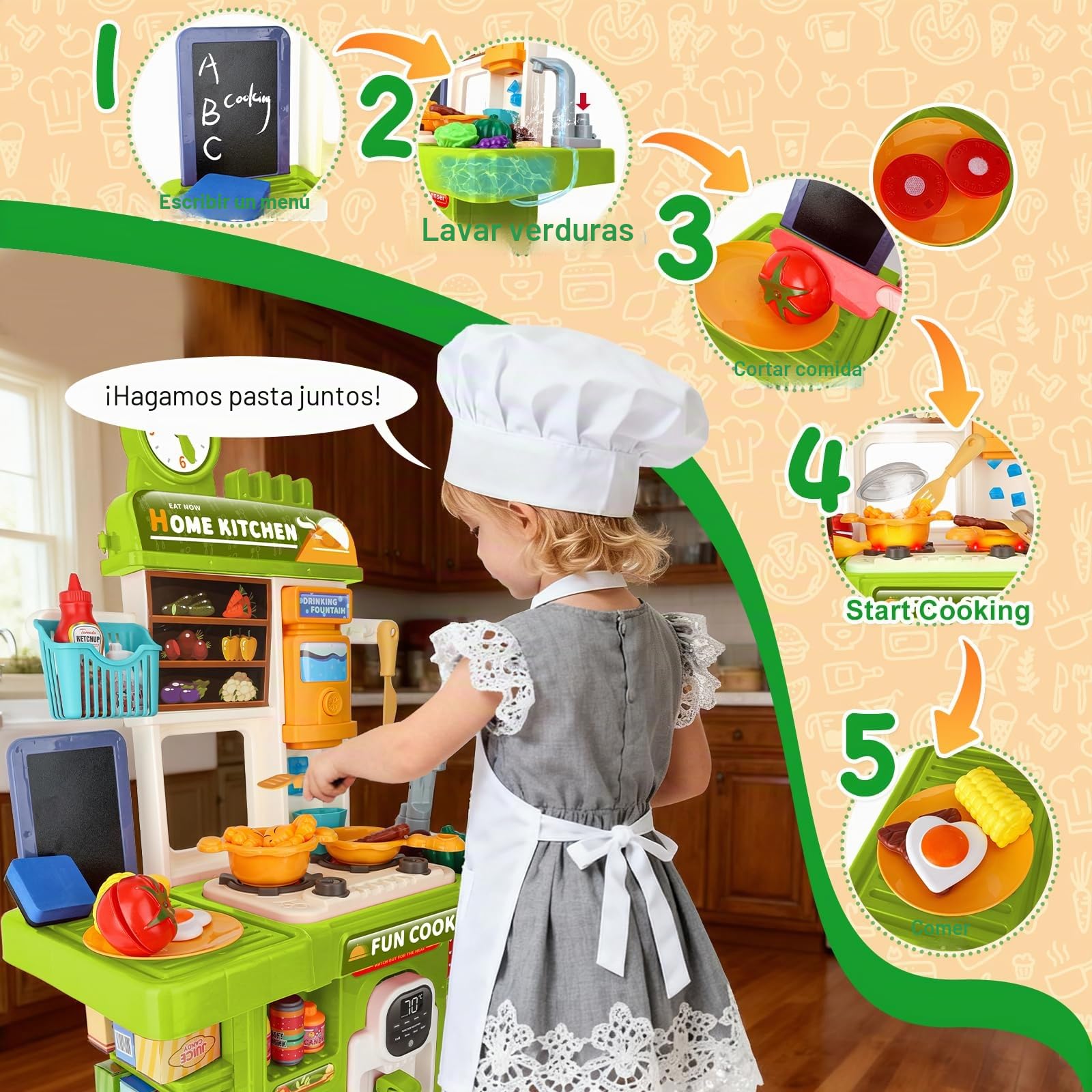 Cocina Juguete Niños Set de Cocina en Miniatura con Fregadero de Spray y Iluminación Realista, Juego de Cocina Simulada para Niñas y Niños de 3 4 5 Años, Regalo (Verde)
