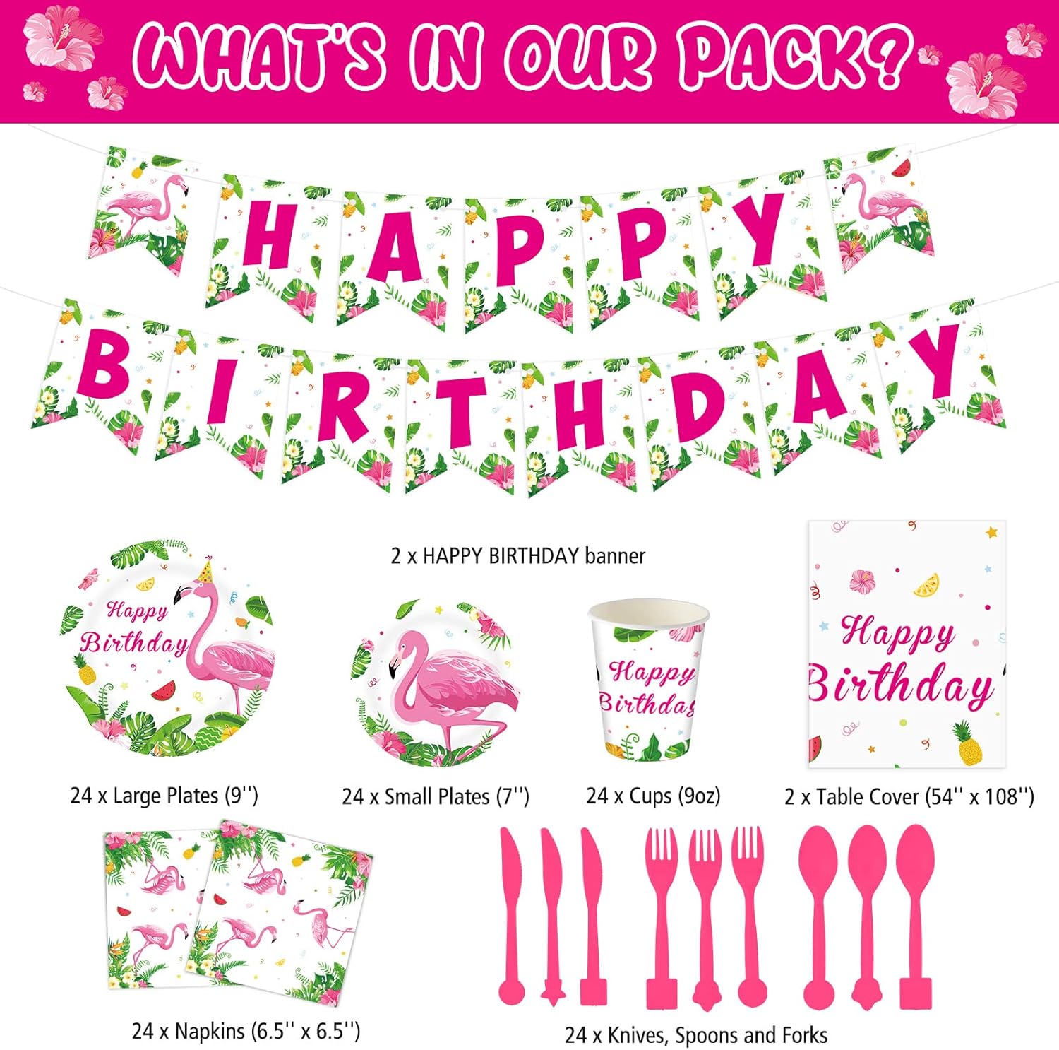 Tudomro 172 Pcs Flamingo Birthday Party Supplies Flamingo Party Decorations Include Hawaiian Tablecloths Birthday Banner Napkins Tableware Set for Summer, Serves 24