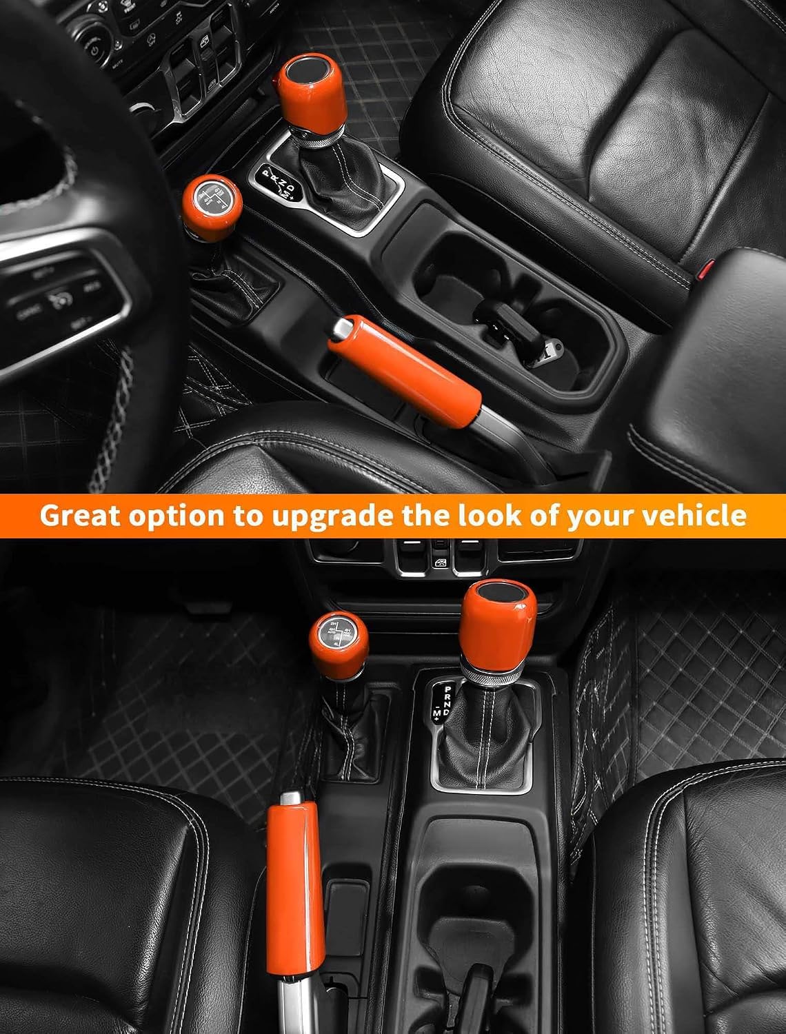 Savadicar Orange Interior Accessories - Handbrake & Gear Shift Knob Trim Set for 2018-Present Jeep Wrangler JL JLU 4XE & Gladiator JT - Solid Color Interior Decor Upgrade Option, 3-Piece