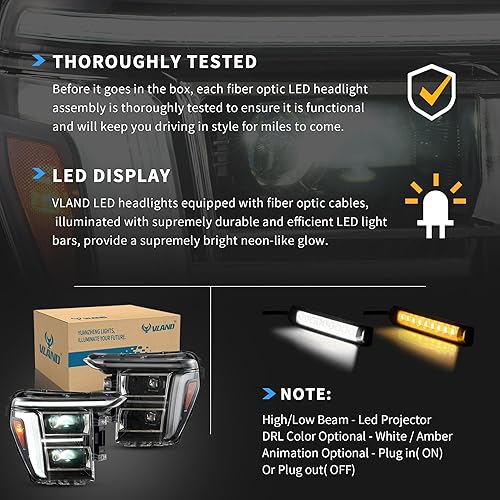 Miniatura 14 de VLAND Faros delanteros de proyector compatibles con Ford F150 XL, XLT, Lariat, Tremor, King Ranch, Platinum, Limited 2021-2023