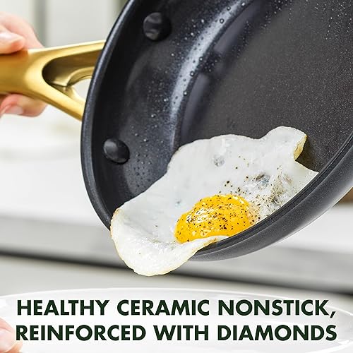 Miniatura 2 de GreenPan Deco - Sartén antiadherente de cerámica anodizada dura de 12 pulgadas con tapa, mango de acero inoxidable dorado, duradero, resistente a