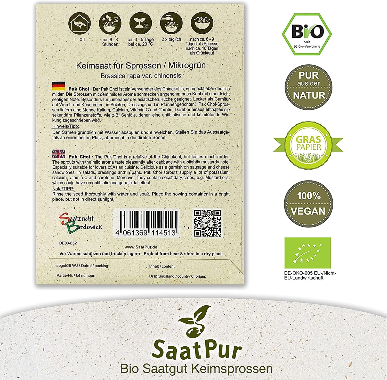 1 Kg BIO Keimsprossen Pak Choi (Chinesicher Senfkohl) Samen für die Sprossenanzucht Sprossen Microgreen Mikrogrün
