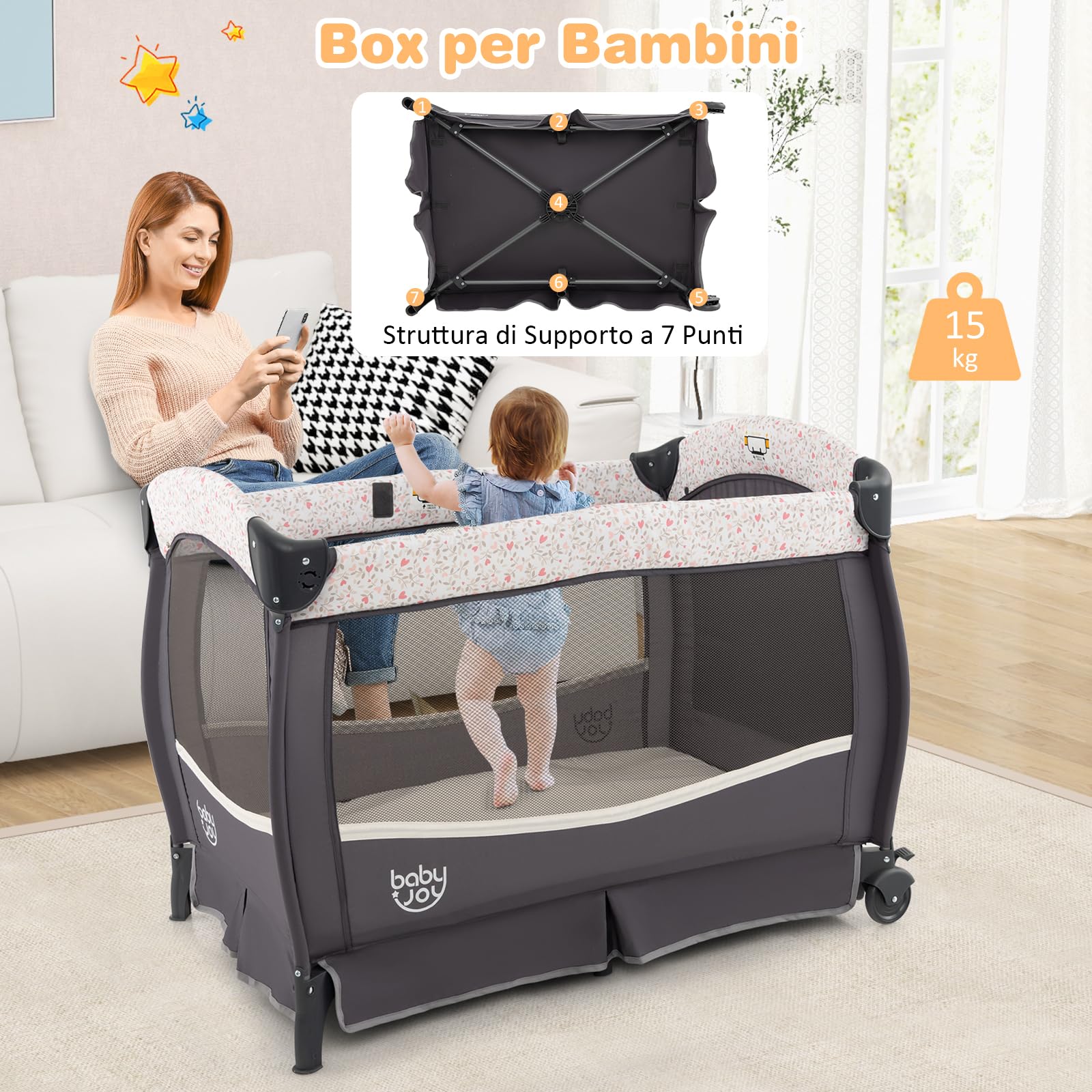GYMAX Lettino Pieghevole con Baldacchino Regolabile, Box per Bambini 0-3 Anni, Carillon Musicale, Ruote Bloccabili, Lettino da Viaggio con Culla, Fasciatoio, Materasso e Borsa da Trasporto (Marrone)