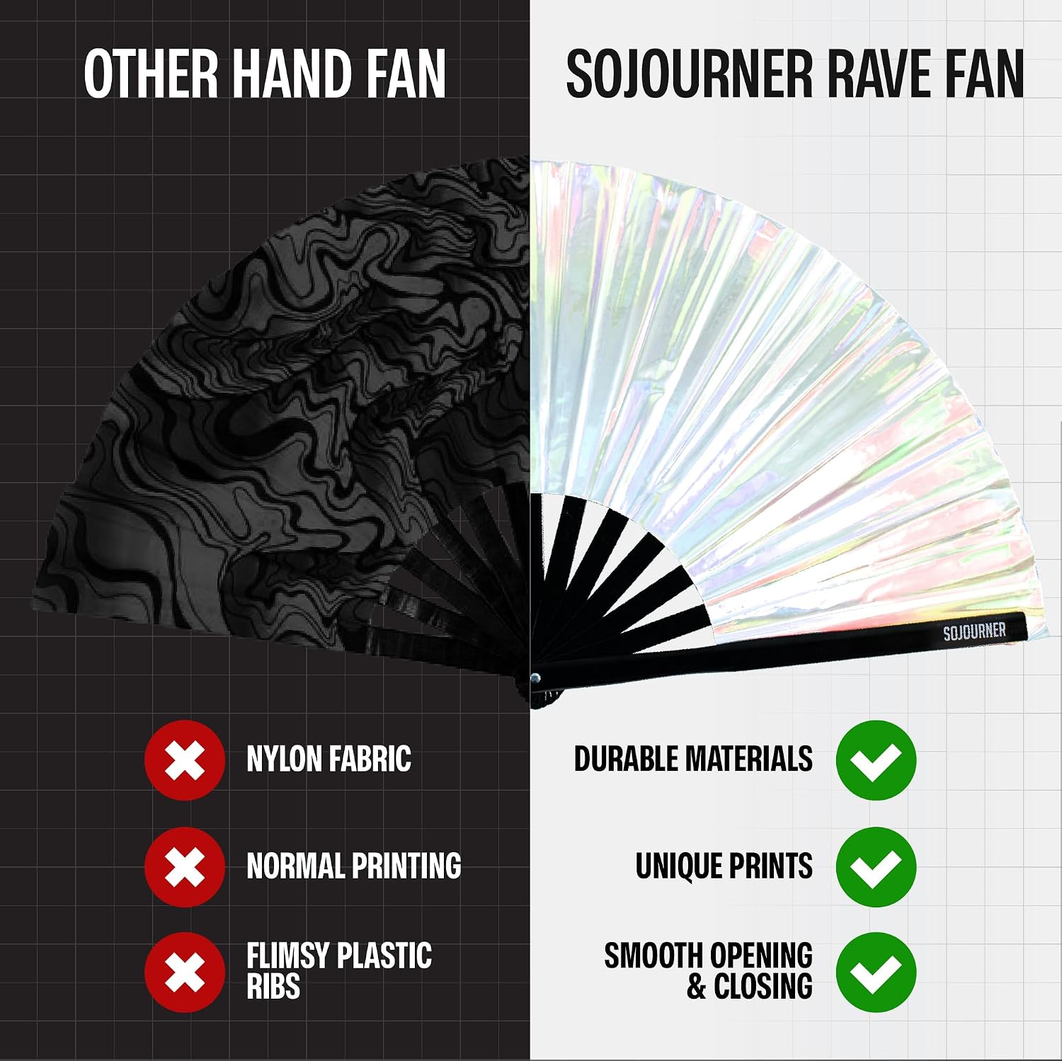 SoJourner Bags Holographic Silver Rave Fan - Large Folding Clack Fan for Men and Women - Rave Accessories for EDM, Line Dancing, Cosplay, Concerts and More
