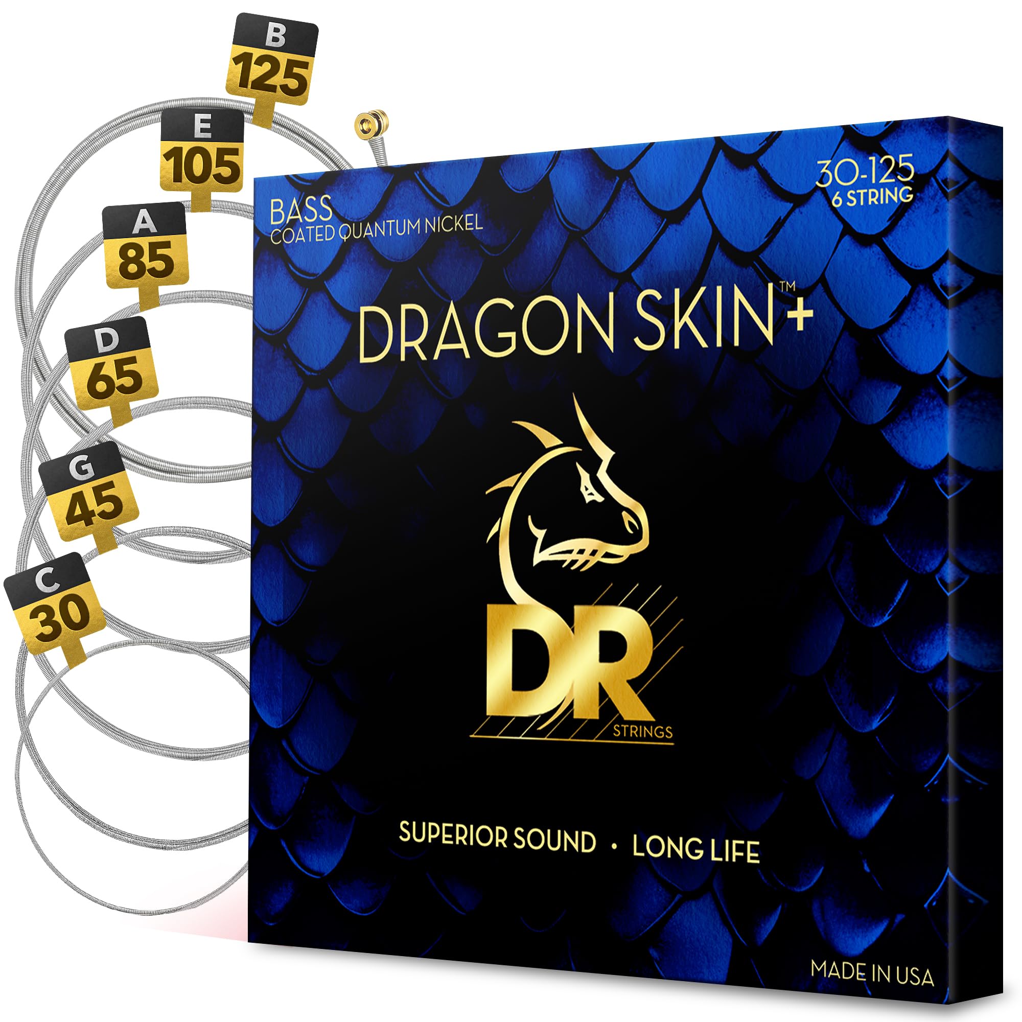 DR Strings Dragon Skin+ DBQ6-30 – E-Bass Medium 30-125 6-Saiter | K3 Beschichtung, Lange Haltbarkeit, Natuerlicher Klang, Korrosionsschutz, Made in USA
