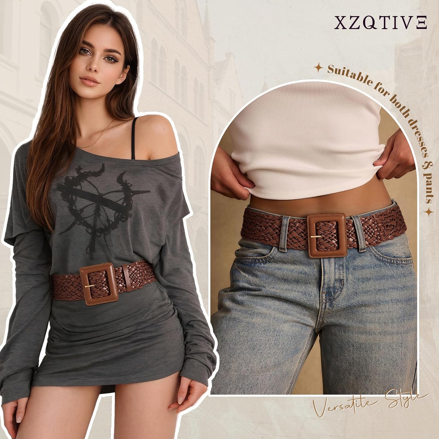 XZQTIVE Women Wide Belt for Dresses Fashion Thick Braided Leather Belts with Square Buckle, Woven Waistband for Ladies - Image 4