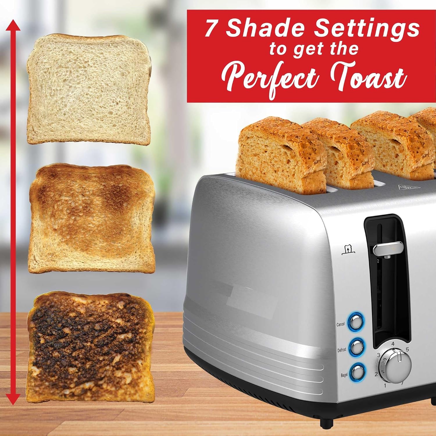 Stainless Steel Extra Wide Slot Toaster – 4 & 2 Slice Options, 7 Browning Levels, Bagel/Defrost/Cancel Functions, Easy Lift Lever & Crumb Tray (4 Slot)