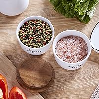 Vista 7 de Cuencos de sal y pimienta, bodega de sal de 10 onzas con tapa, recipiente de cerámica apilado para sal y pimienta con tapa de madera de acacia, caja