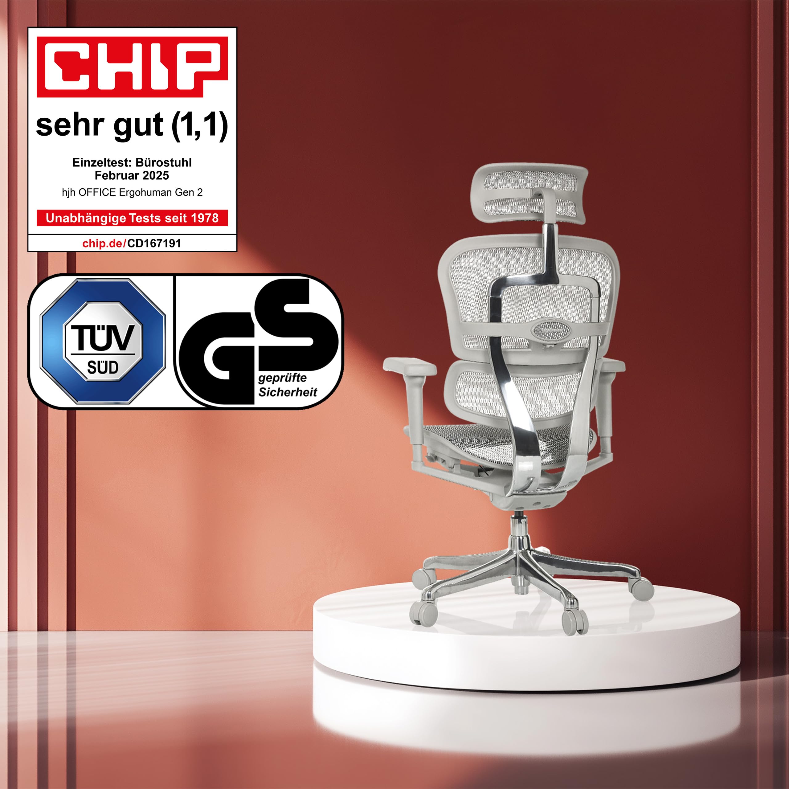 hjh OFFICE Bürostuhl ergonomisch ERGOHUMAN Ultra G GEN2 Originales Design, Bürosessel mit Flexibler Lendenwirbelstütze, Netzbespannung, Grau
