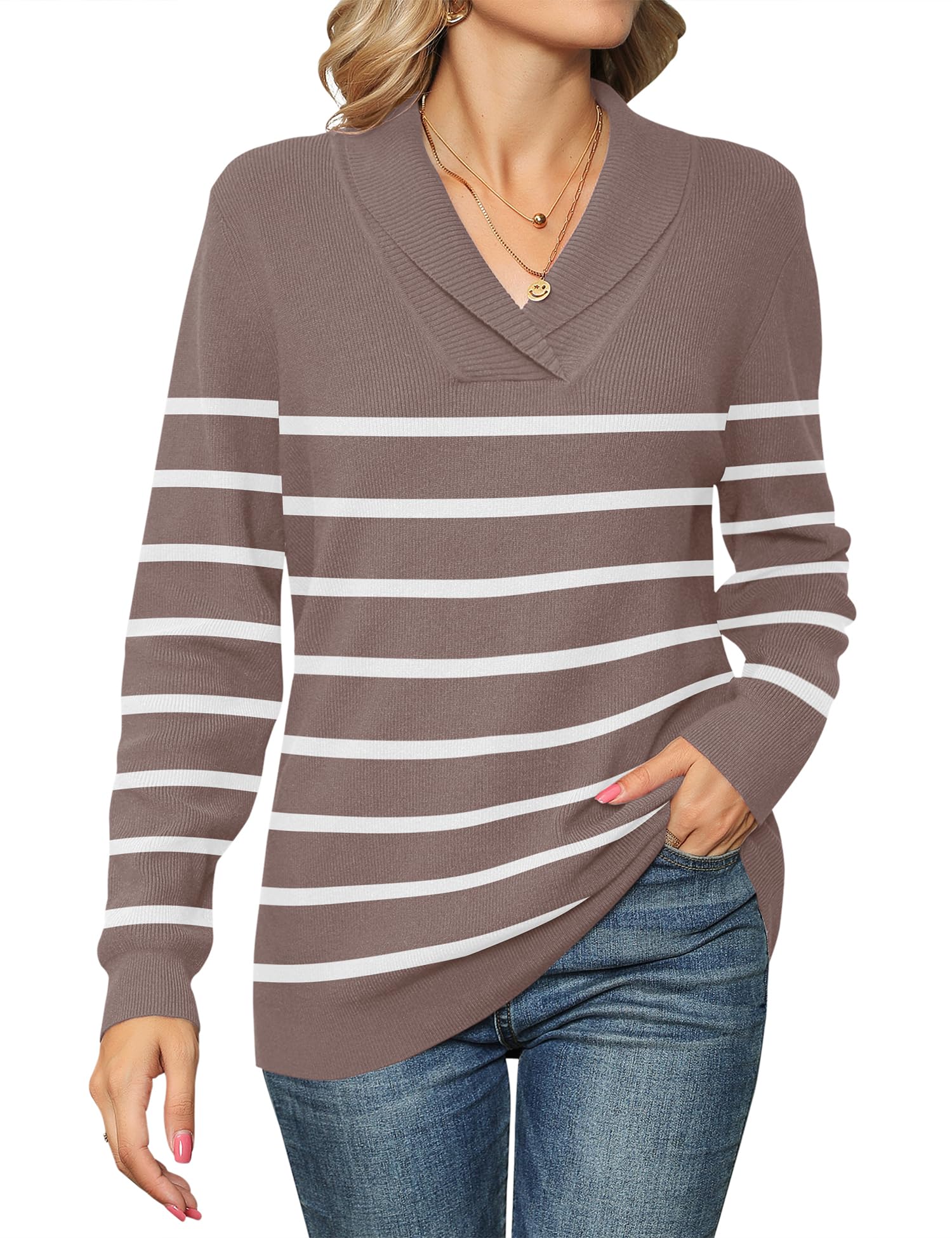 Ivicoer Women Long Sleeve V Neck Pullover Collar Knitted Sweaters
