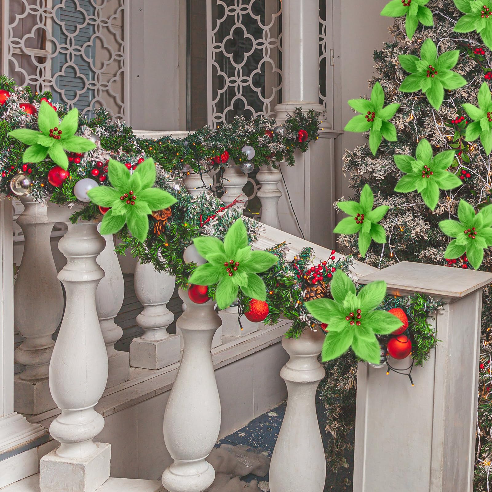 Chunyin 8 Flores Navideñas de Peluche 30 cm Flores Artificiales Grandes Ramas de Flores Artificiales Decoración del Árbol de Navidad Flor de Pascua Artificial para Navidad Año Nuevo Boda (Verde Rojo)