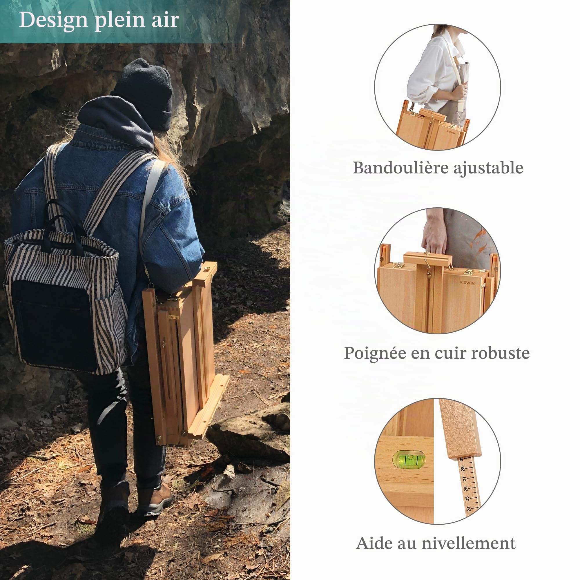 VISWIN chevalet français contenir des toiles jusqu'à 34", support de chevalet en bois de hêtre avec instrument de niveau et pied d'échelle
