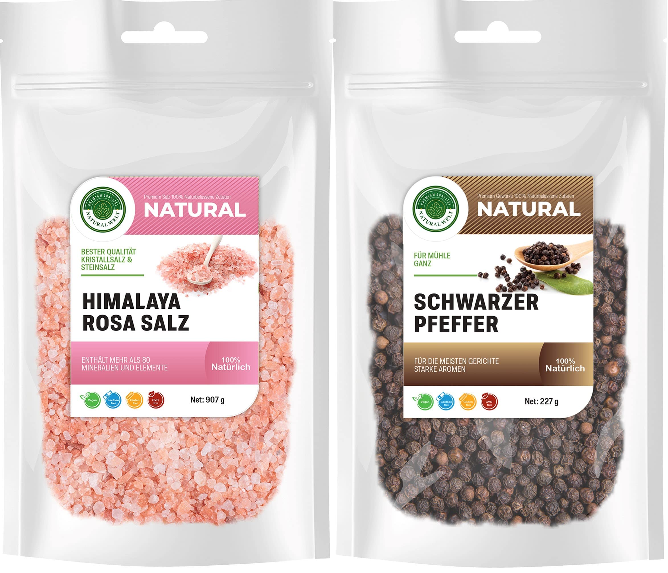 Schwarzer Pfeffer ganz 227g. und Himalaya Kristall Salz grob 907g. I Salz aus der Punjab in Pakistan I ganzer schwarzer Pfefferkörner I Steinsalz I 100% natürlich