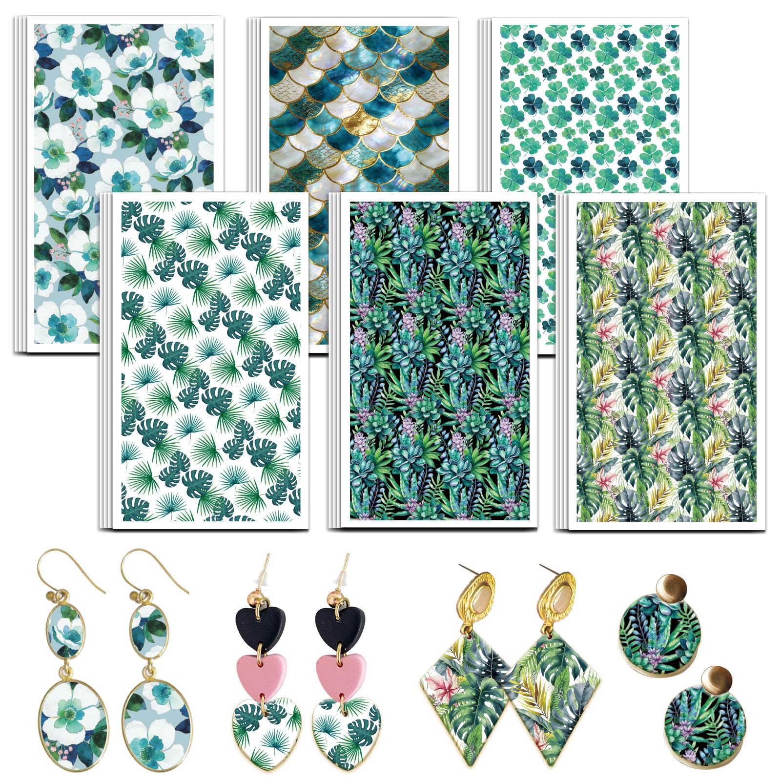 OLYCRAFT 24 Pcs Blue-Green Plants Clay Transfer Paper 6 Design Transfers Paper for Polymer Tropical Leaves Polymer Clay Transfer Sheets Small Ceramic Decal for Clays Earrings Jewelry Making