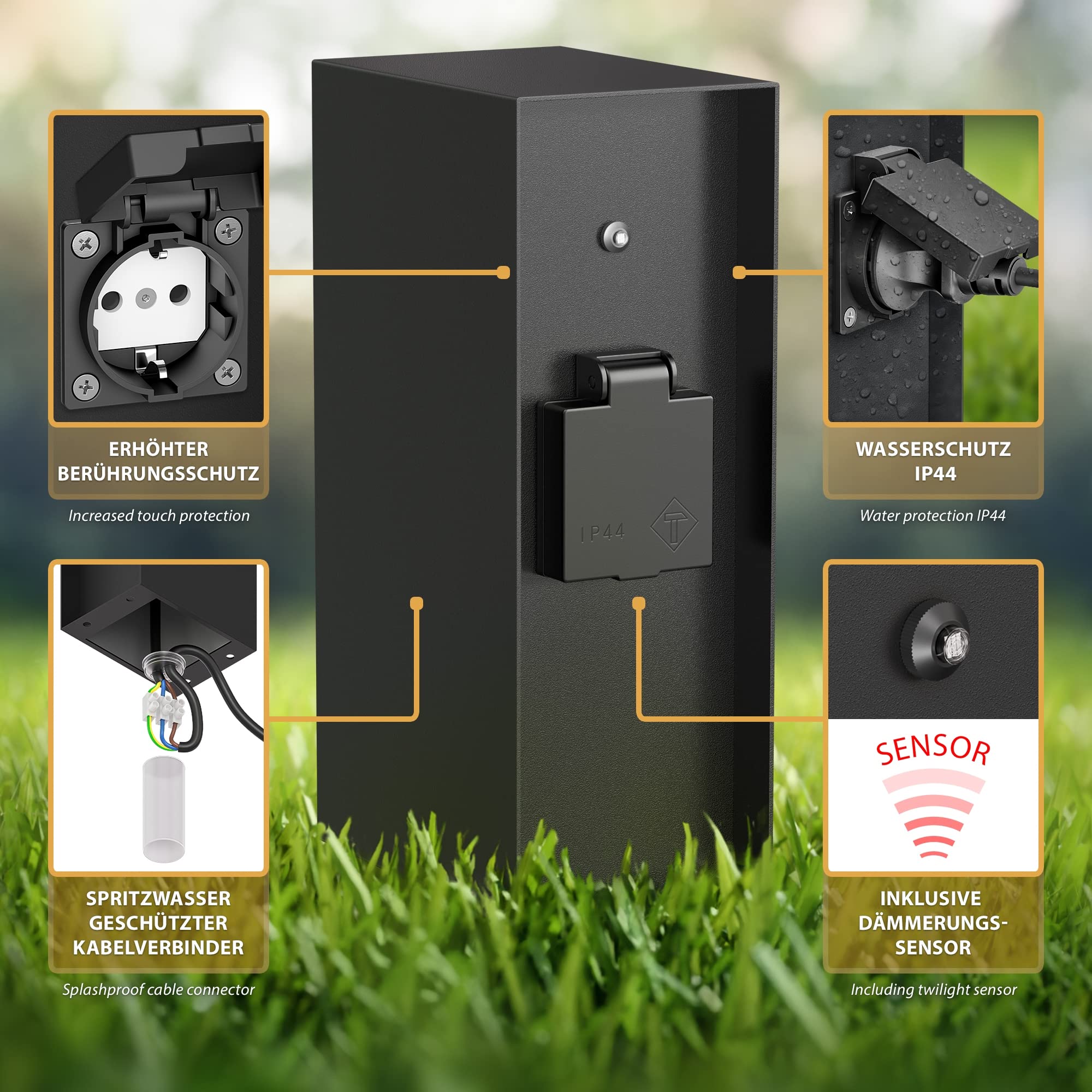 ledscom.de 3X Garten-Steckdosensäule POMI IP44, 2-Fach Schuko, mit Dämmerungssensor für Gartenbeleuchtung, Edelstahl, schwarz, eckig, 23 cm