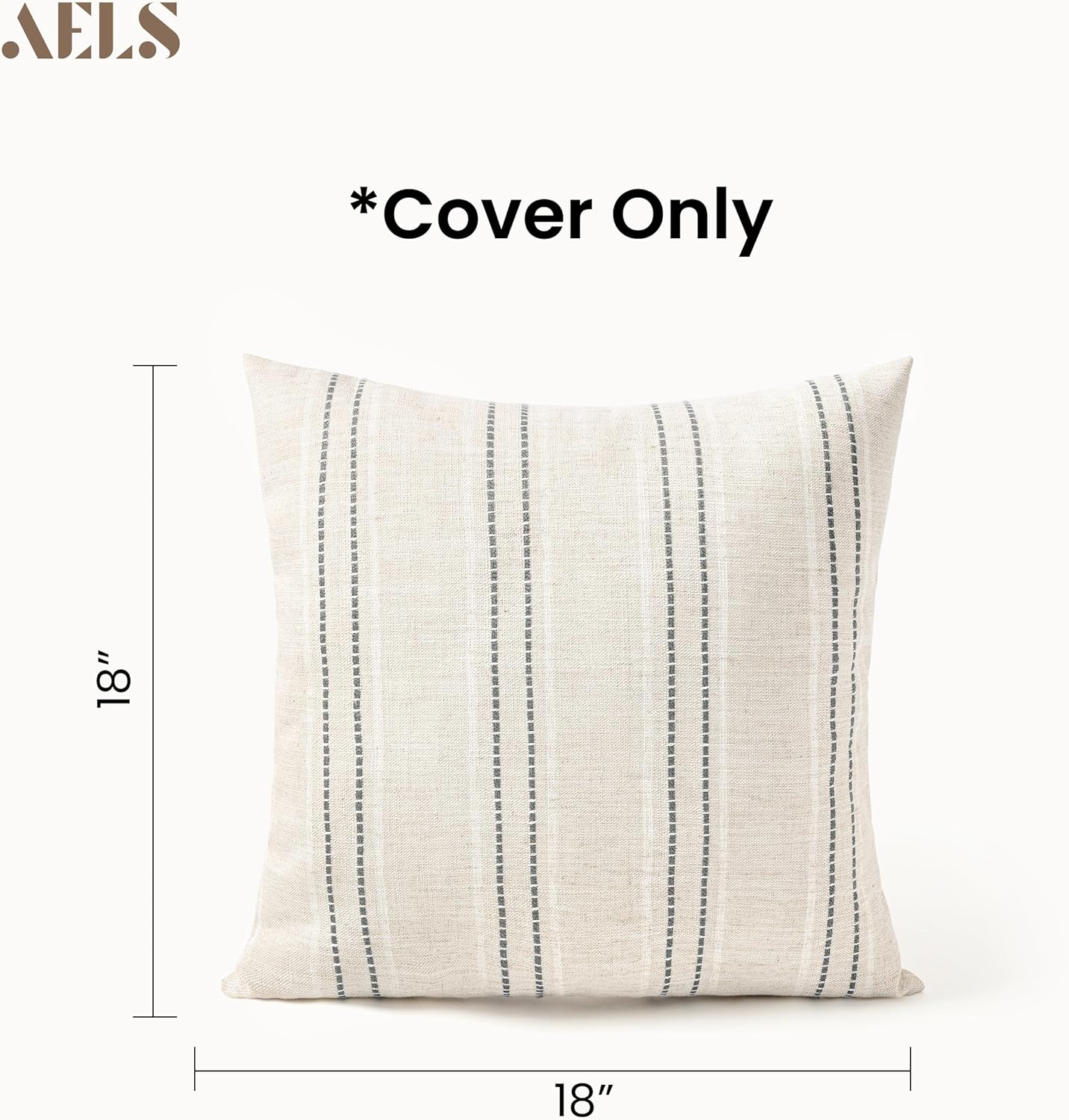 AELS 18x18 Decorative Farmhouse Linen Blend Throw Pillow Covers, Boho Textured Pillow Case, Set of 2, Beige with White & Gray Stitch Yarn Dyed Stripe Cushion Cover for Sofa Living Room (Cover ONLY) - Image 2