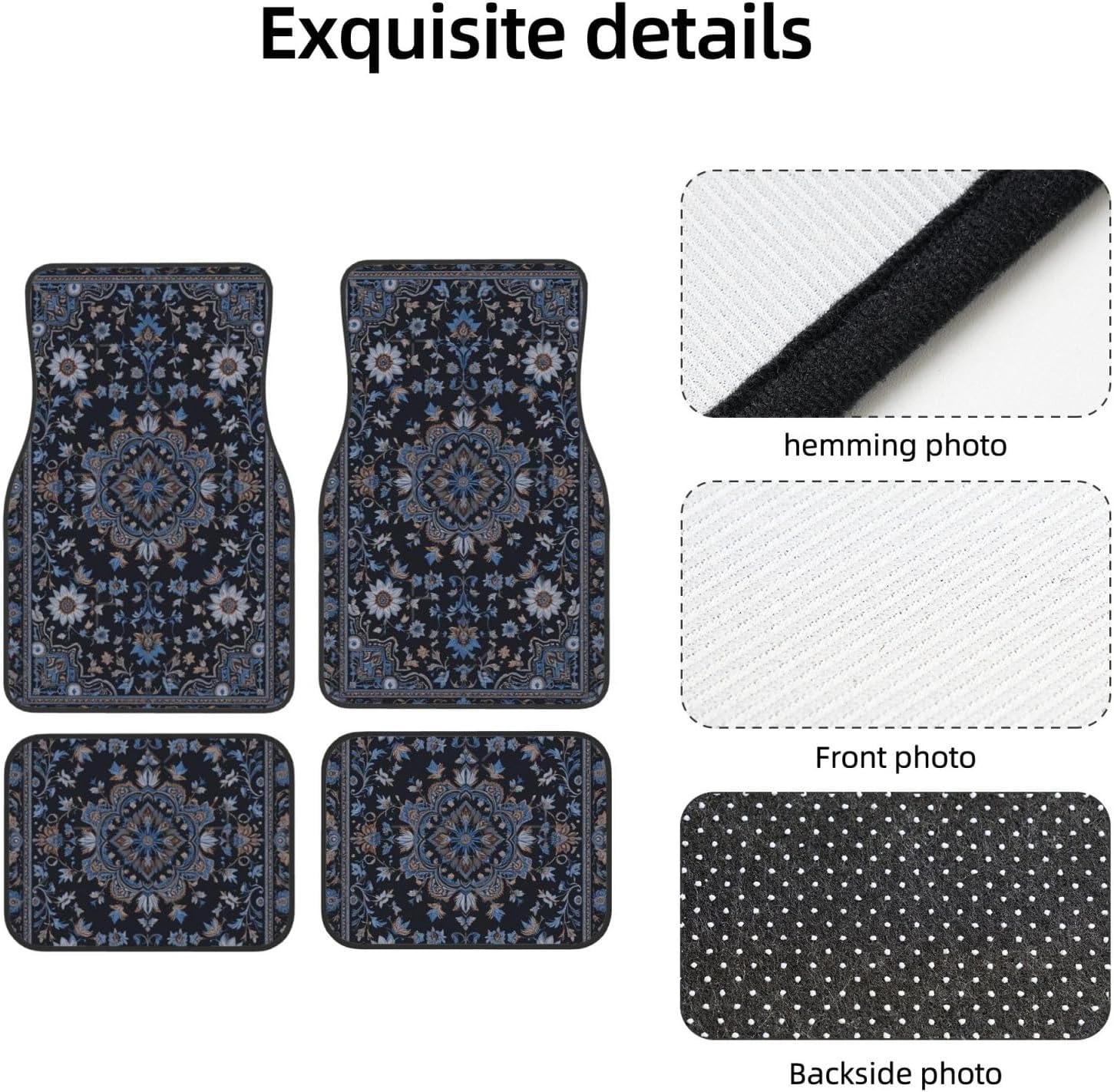 Car Floor Mats Carpet 4pcs Black and Blue Persian Style Whimsical Vintage Pattern Floor Mats for Cars Universal Vehicle Front Rear Rugs Car Decor Accessories for Trucks