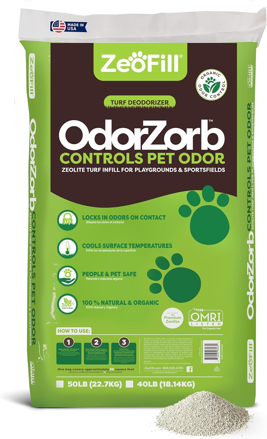 Zeofill Premium Outdoor Odor Infill - 40lbs. Bag – Pet Urine Odor Eliminator for Artificial Turf, Grass, Playgrounds, & Sport Fields – 97% Pure Clinoptilolite Zeolite – Odor Eliminator & Deodorizer
