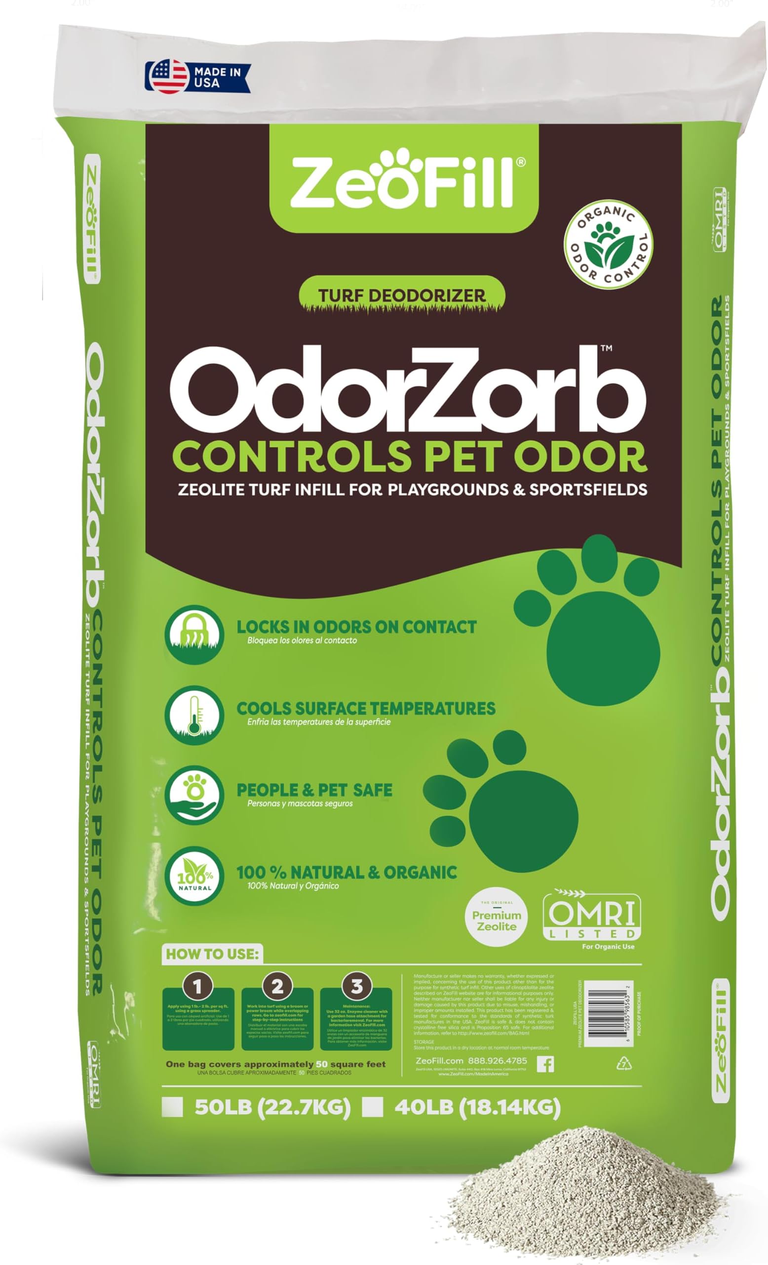 ZEOFILL Premium Outdoor Odor Infill - 40lbs. Bag – Eliminates Pet Urine Odors on Artificial Turf, Grass, Playgrounds, & Sport Fields – 97% Pure Clinoptilolite Zeolite – Odor Eliminator & Deodorizer
