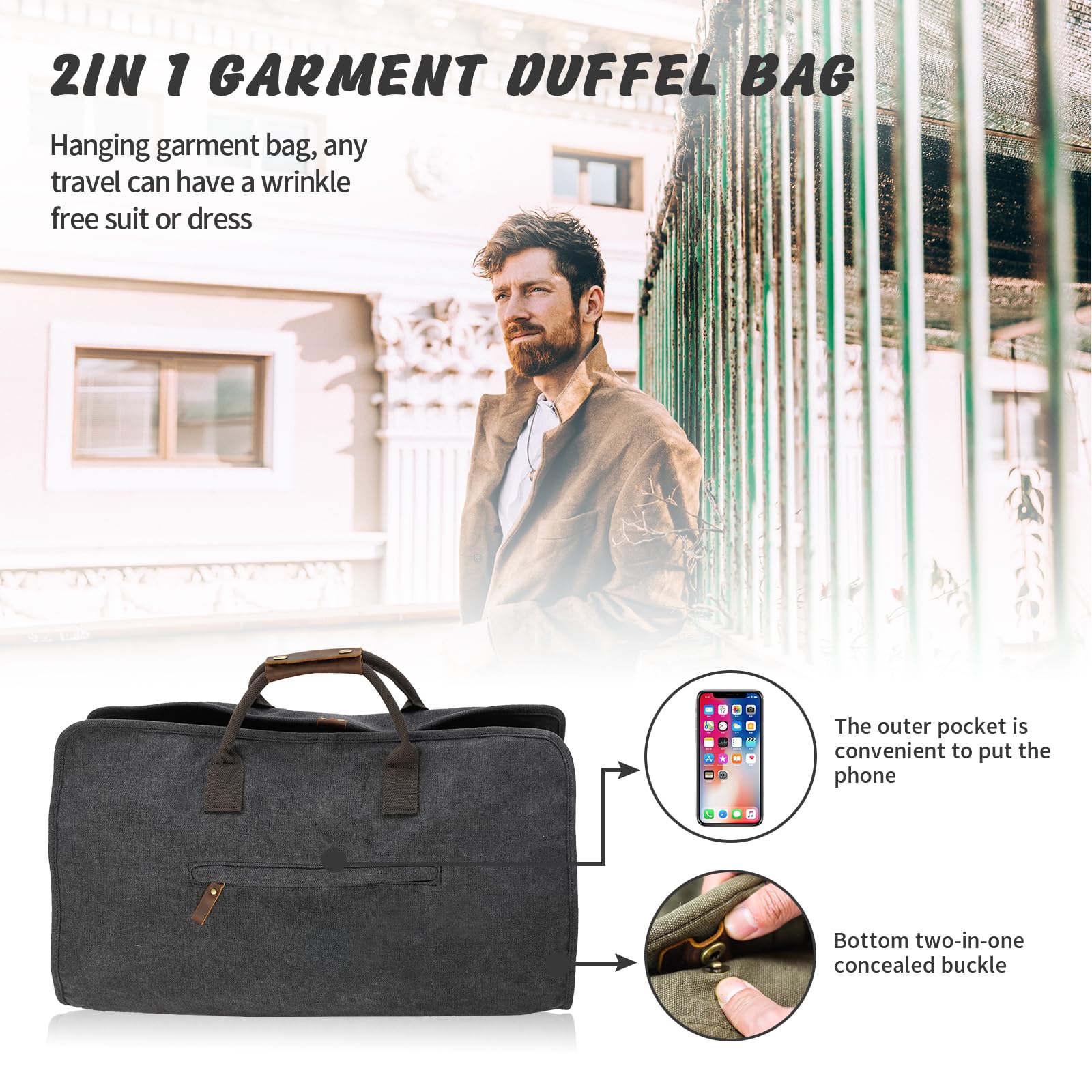 2-in-1 Kleidersack aus gewachstem Segeltuch, Leder, mit Schultergurt, für Reisen und Geschäftsreisen, Canvas Schwarz, American Casual