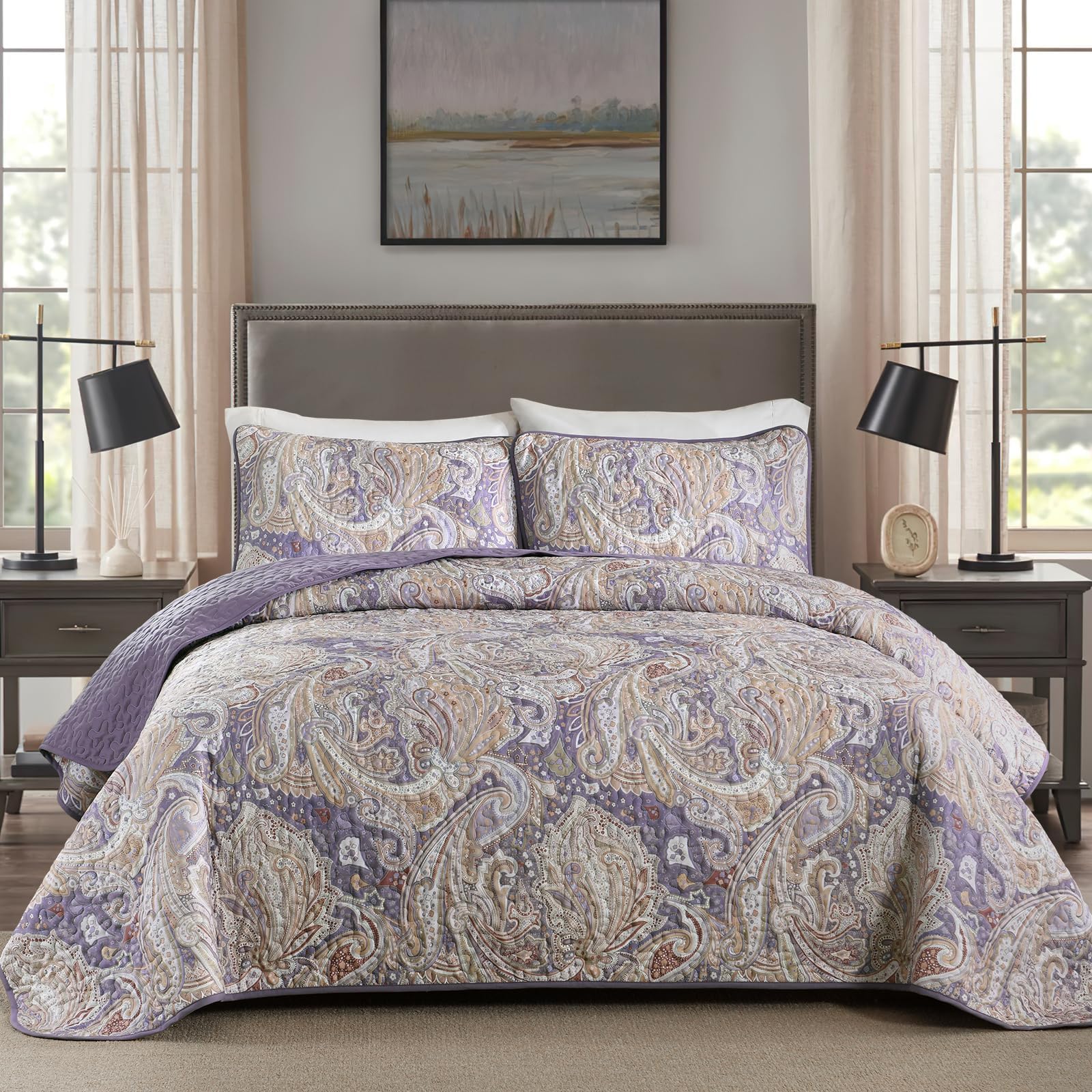 DJY Purple Quilt Set King Size Boho Bedspread Coverlet Set 3 Pieces, Soft Lightweight Microfiber Paisley Floral Pattern Bedding Set for All Season, 104"x90"