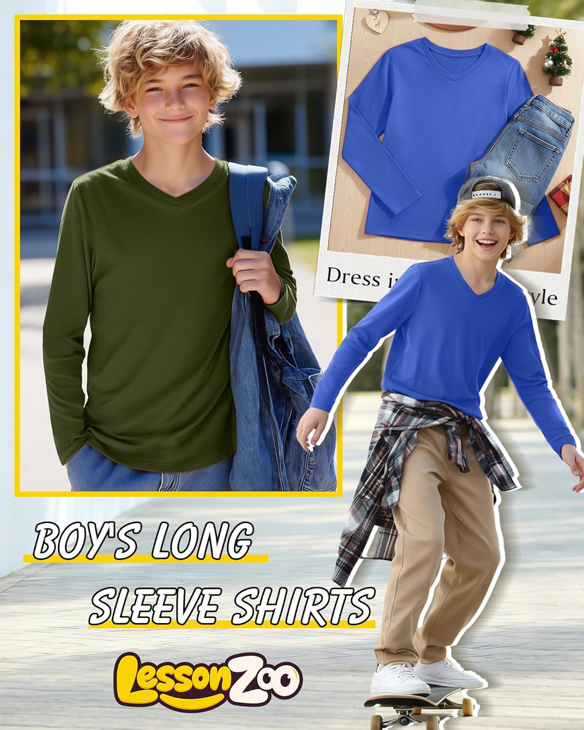 3 Pack Boy's Long Sleeve Shirts, Soft V Neck Tops Basic Tee Casual Loose Fit Tshirt for 5-16 Years Kids - Image 3