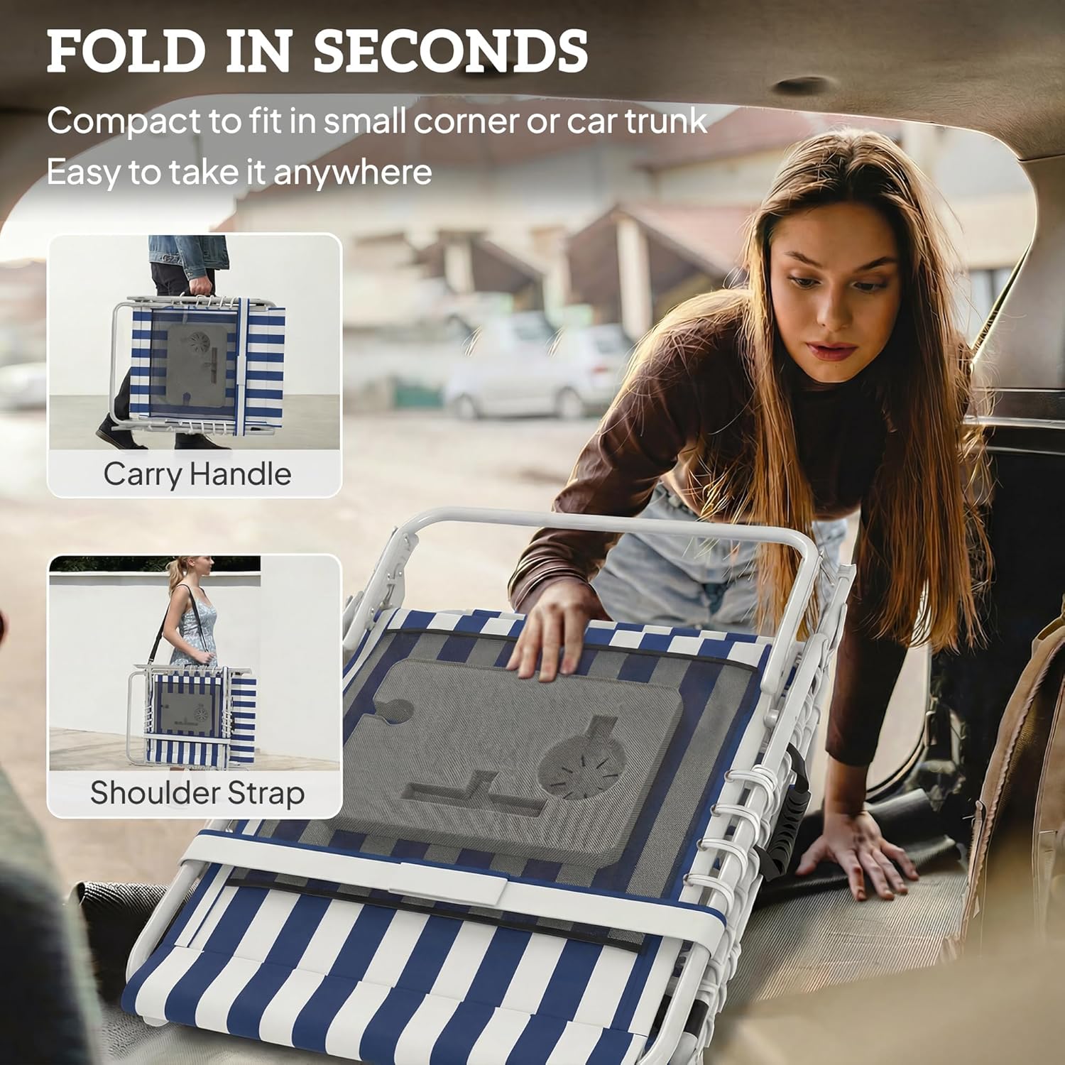 Outsunny Tanning Chair Set of 2 with Face Hole, Side Table, 5-Position Reclining Folding Chaise Lounge Chair Outdoor Lounger Recliner, Carry Straps for Beach Pool Camp, Oxford Fabric, Blue and White