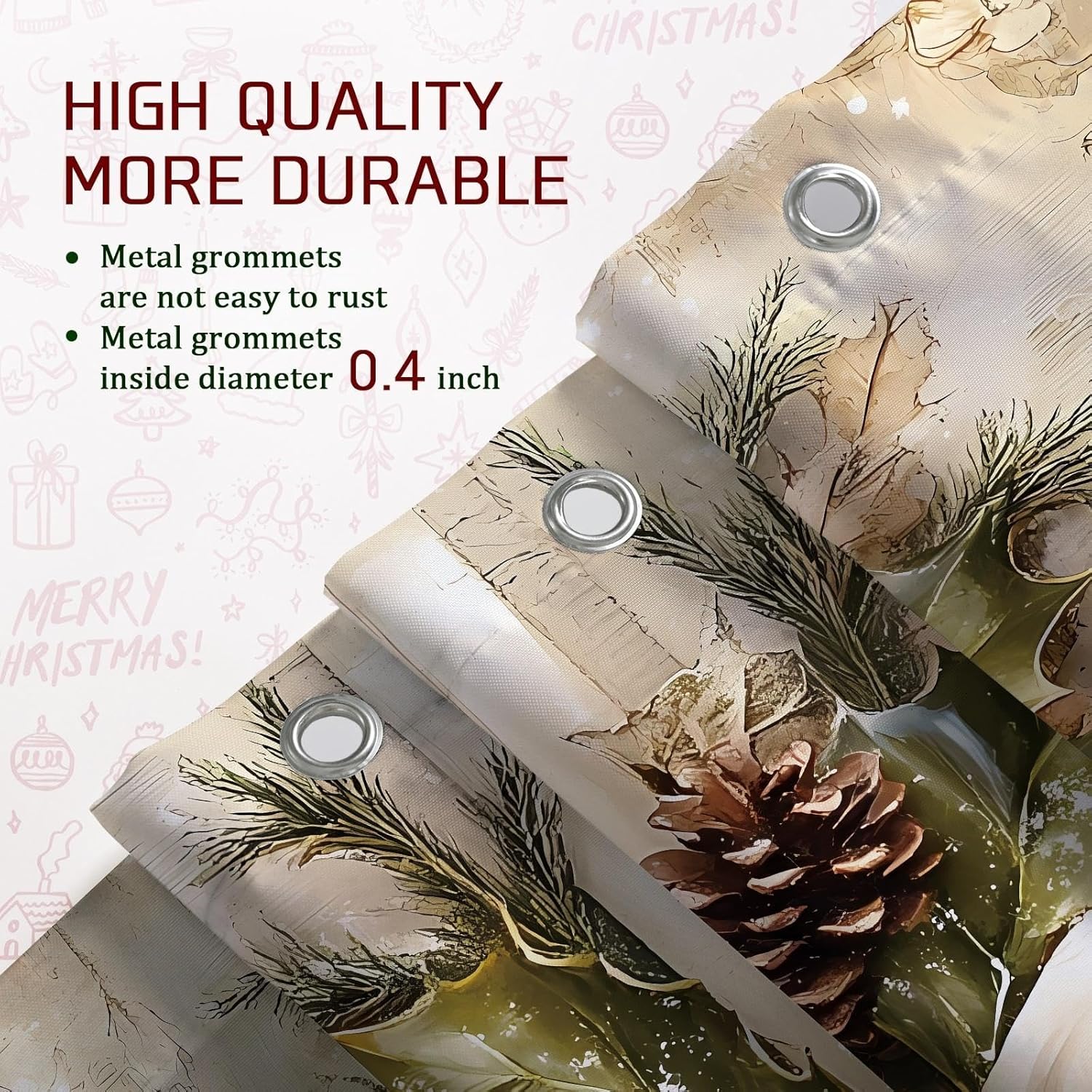 4pcs Christmas Shower Curtain Set, Beige Golden Bow Bath Mat Rugs Accessories for Holiday Bathroom Decor, Winter Modern Waterproof Fabric Shower Curtain Set with Hooks 72x72 Inch