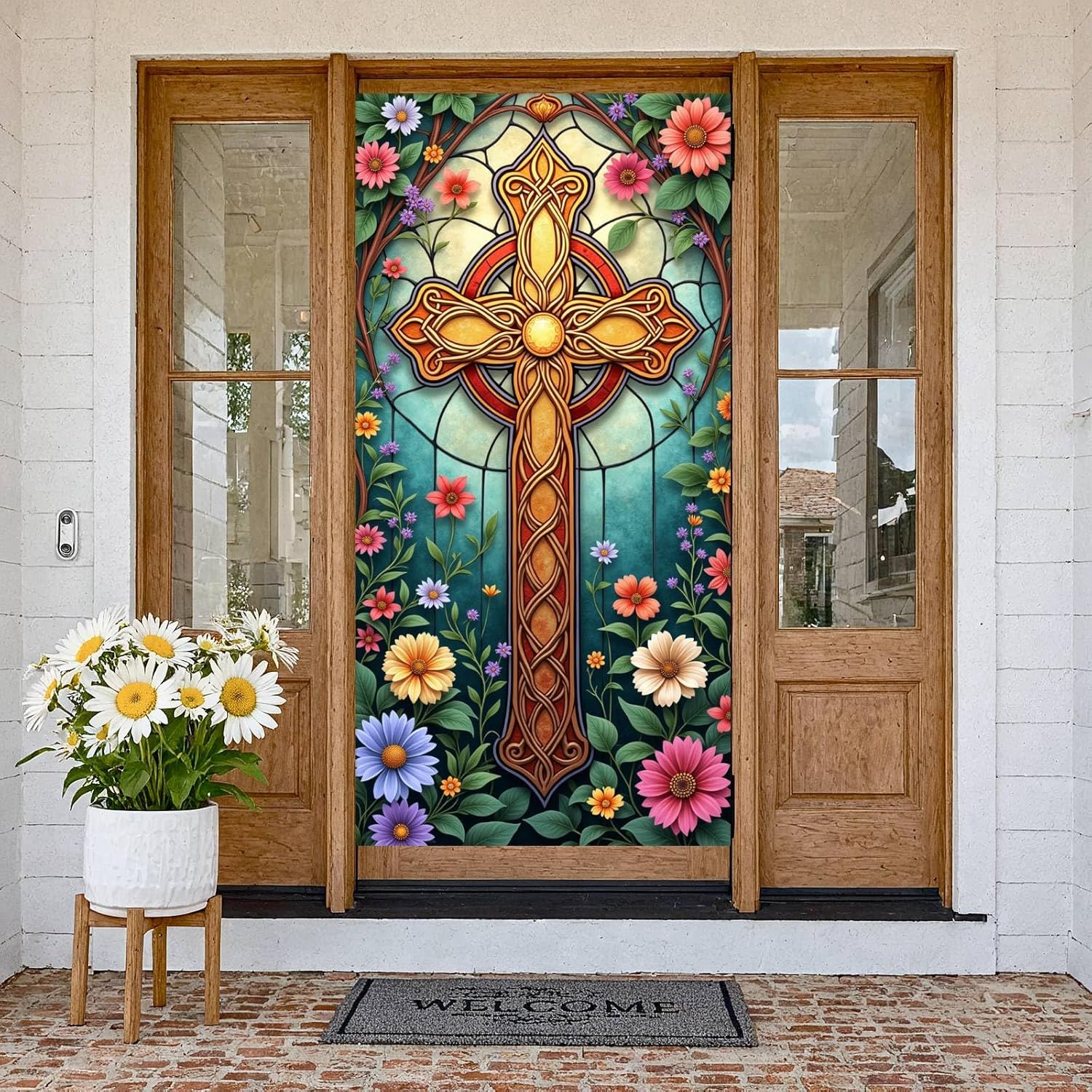 Celtic Cross Banner Religious Door Decorations Golden Cross Door Cover Stained Glass Floral Decor Christian Backdrop for Church Events Bible Sunday Jesus Worship Services Easter Party Supplies