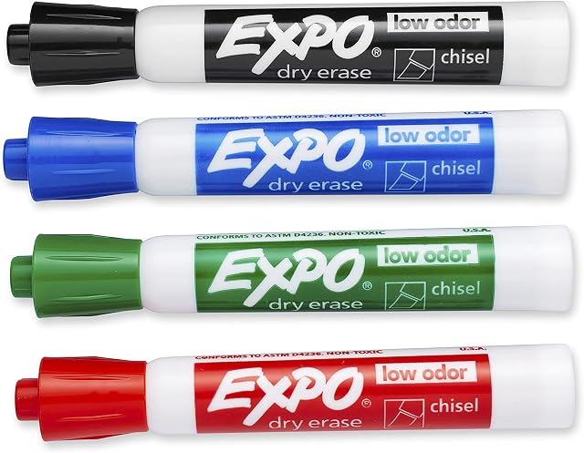 EXPO 80074 Low-Odor Dry Erase Markers, Chisel Tip, Assorted Colors, 4-Count