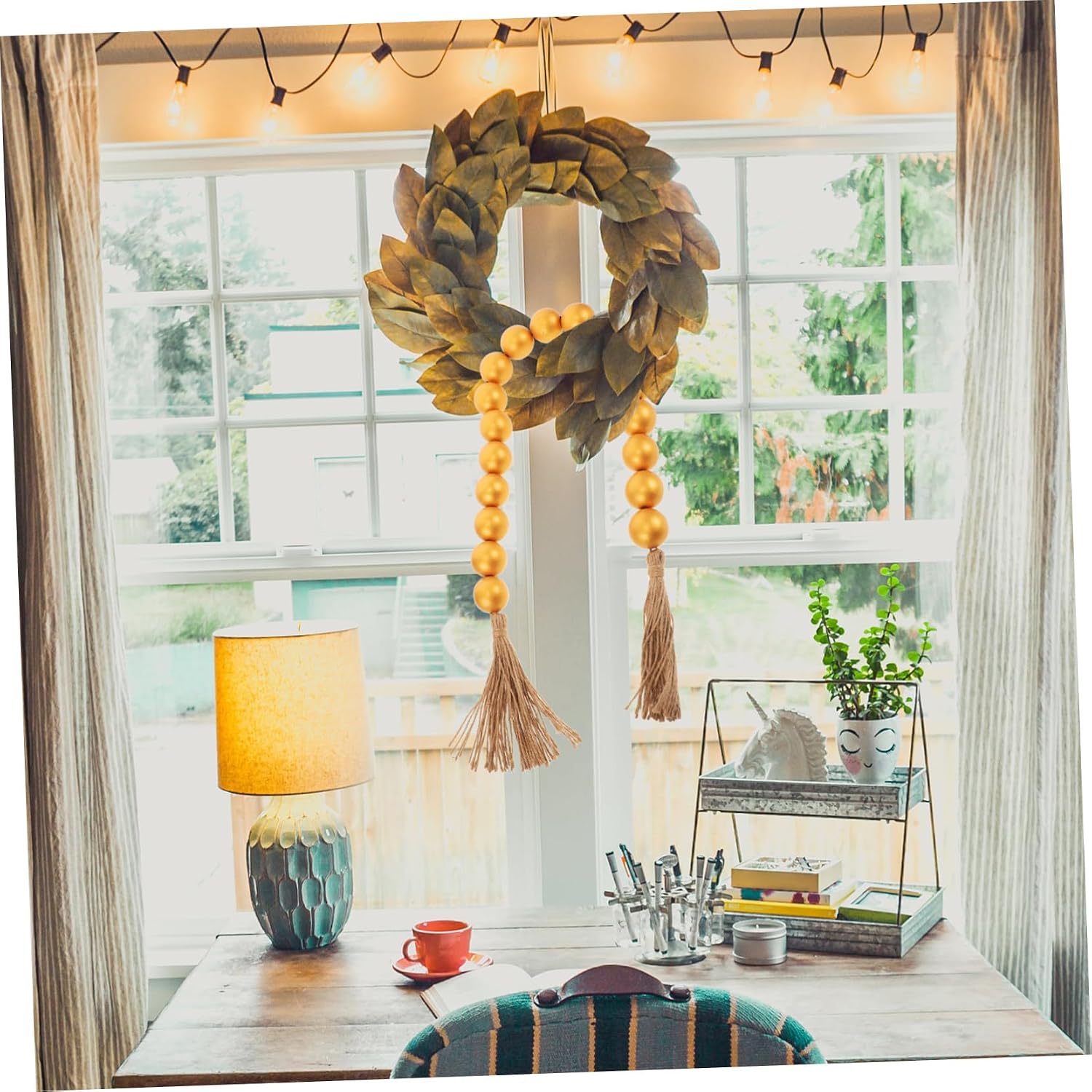 Mobestech Boho Beaded Wreath Wooden Bead Tassel Home Decor Beads Tassel Decorations