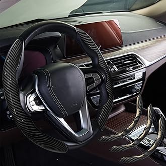 WOCOCN Steering Wheel Cover,Carbon Fiber Car Steering Wheel Cover with Non-Slip Lining,Universal Fit Most of Car Interior Accessories (Bright Black 3PCS)