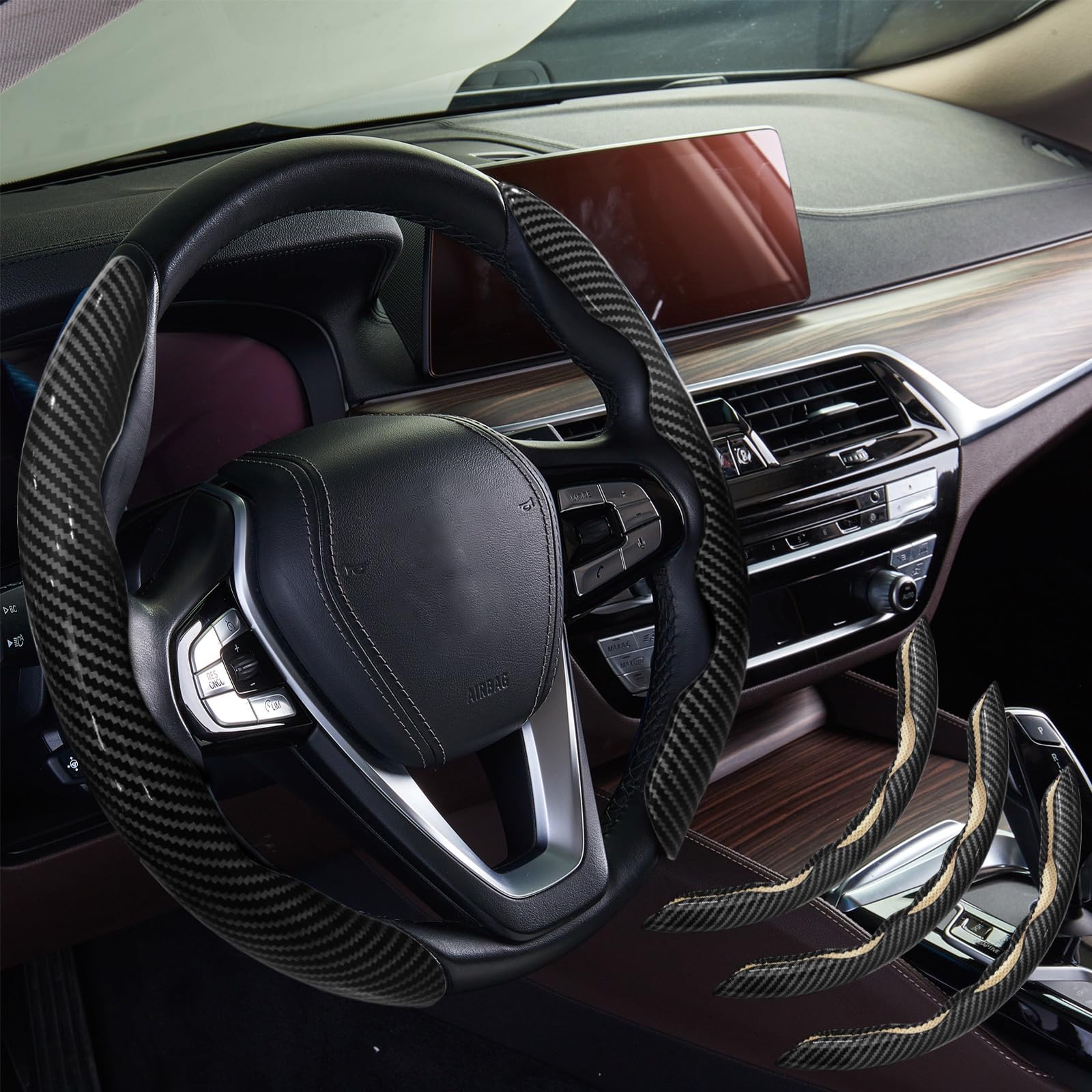 WOCOCN Steering Wheel Cover,Carbon Fiber Car Steering Wheel Cover with Non-Slip Lining,Universal Fit Most of Car Interior Accessories (Bright Black 3PCS)