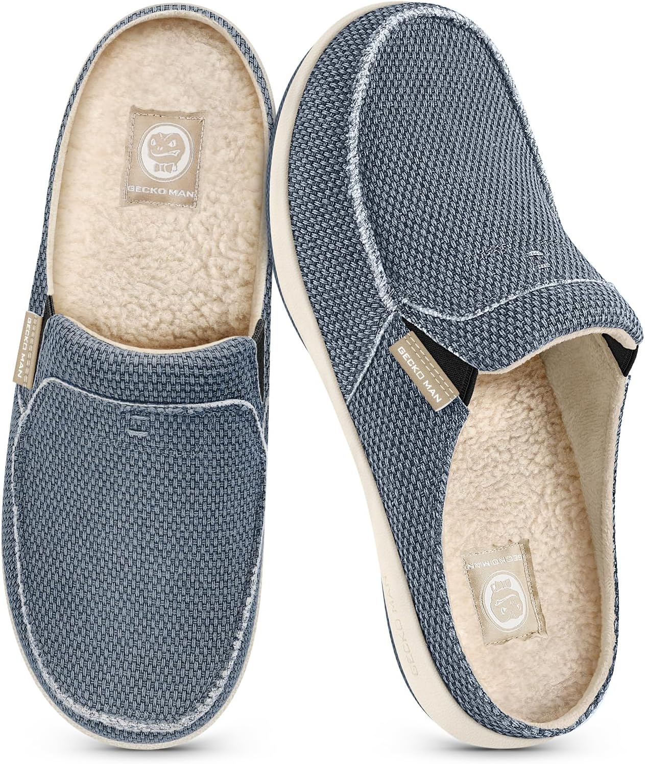 Mens Slippers with Arch Support, Canvas House Slipper for Men with Velvet Lining, Slip On Clog, Indoor Outdoor House Shoes with Anti-Skid Rubber Sole