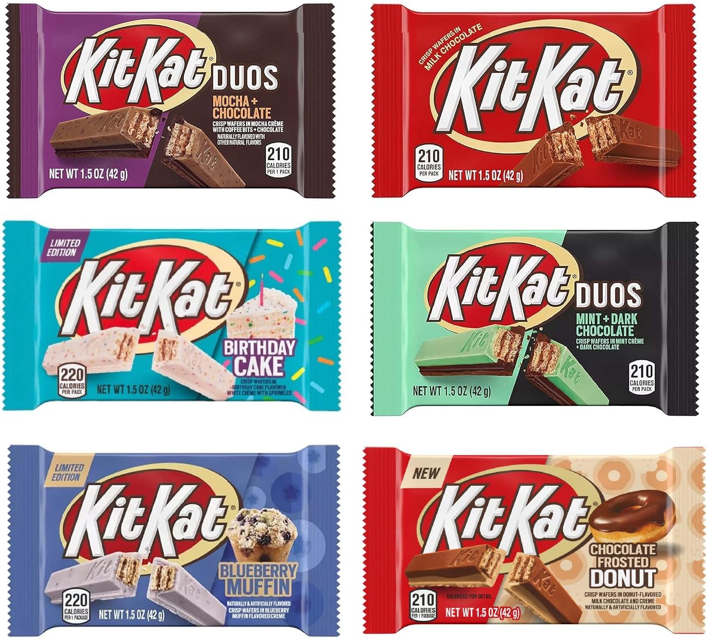 Hershey's KitKat 6 Bars Variety Assortment Mix Bundle Pack Chocolate Candy Singles - Milk - Dark- Mint - Mocha - Strawberry - Blueberry Muffin, 1.5 ounces