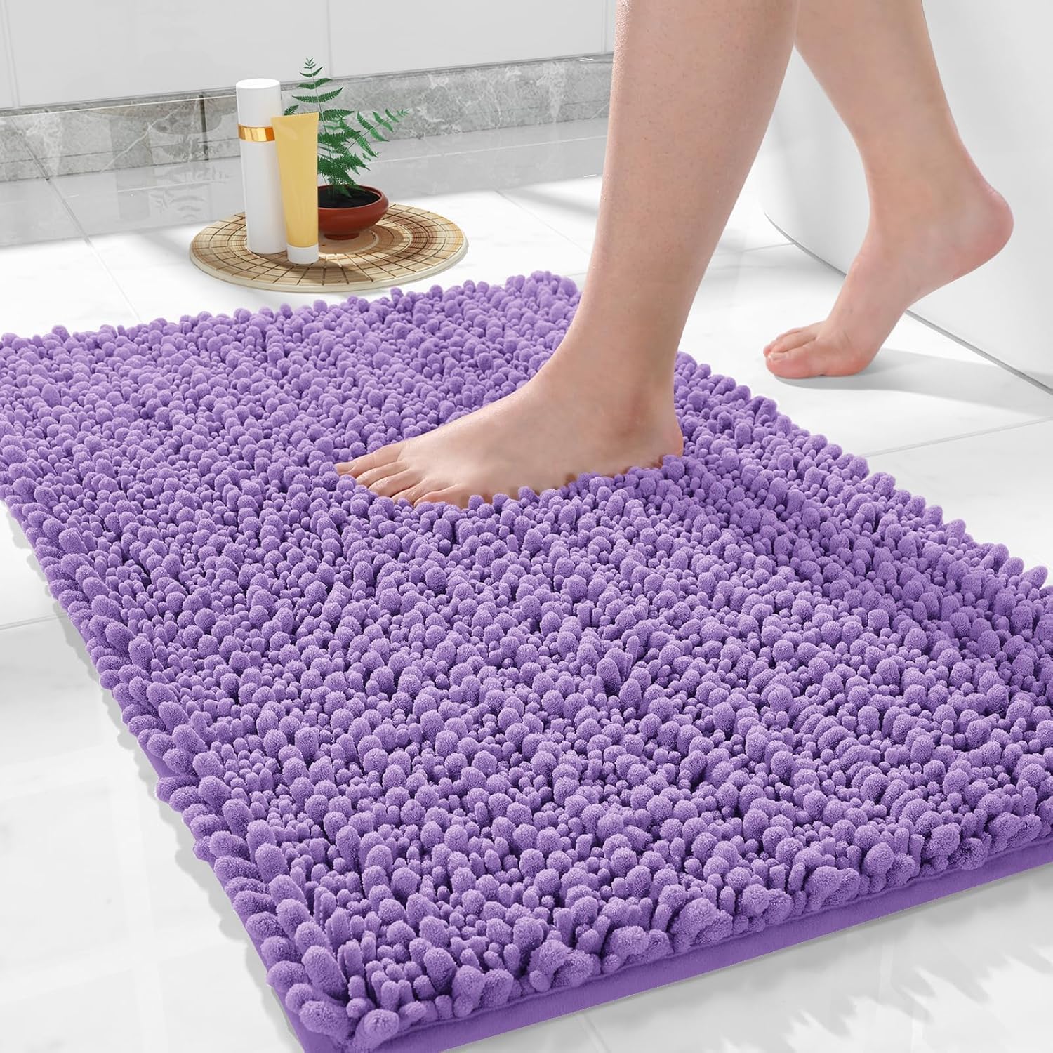 Yimobra Bathroom Mat, 92 x 61 cm, Soft and Cozy, Super Absorbent Water, Non-Slip, Machine-Washable, Thick Modern for Bathroom Bedroom, Lavender