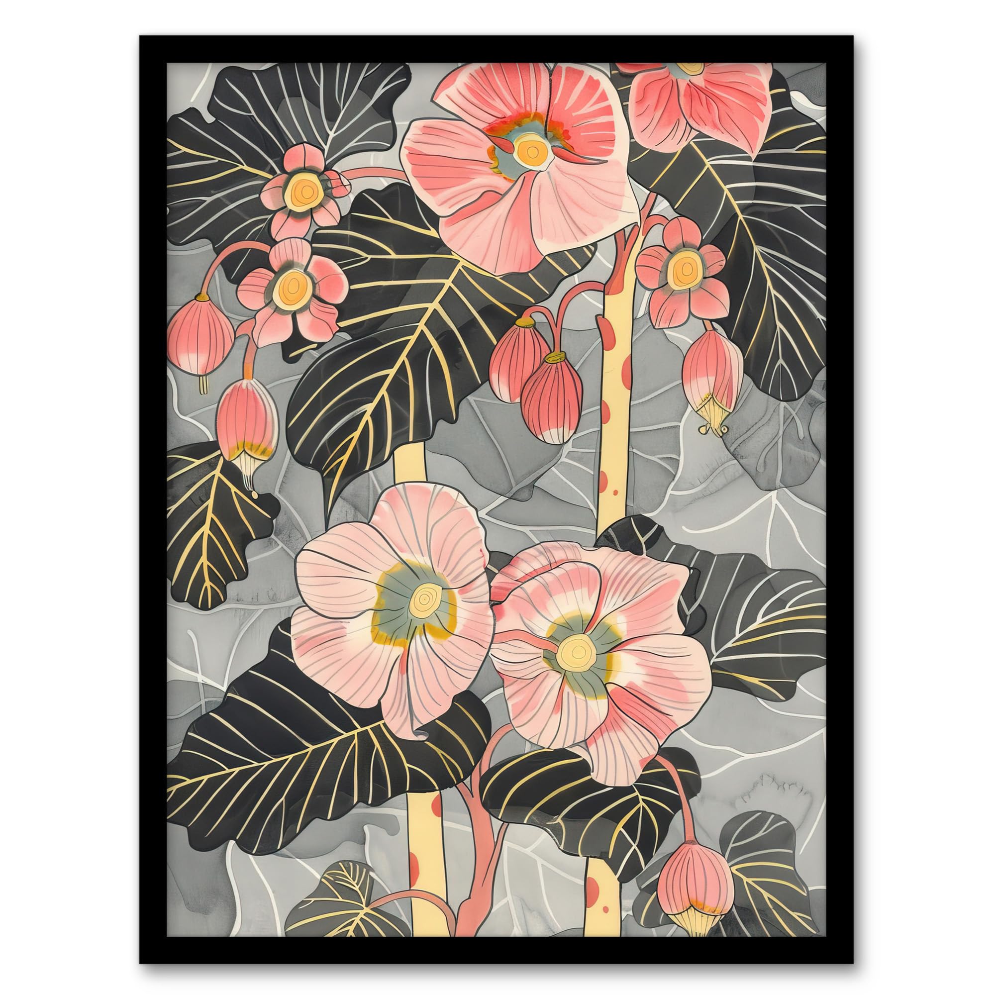 Artery8 Blooming Pink Begonia Flowers Stylised Floral Living Room Artwork Framed Wall Art Print 18X24 Inch
