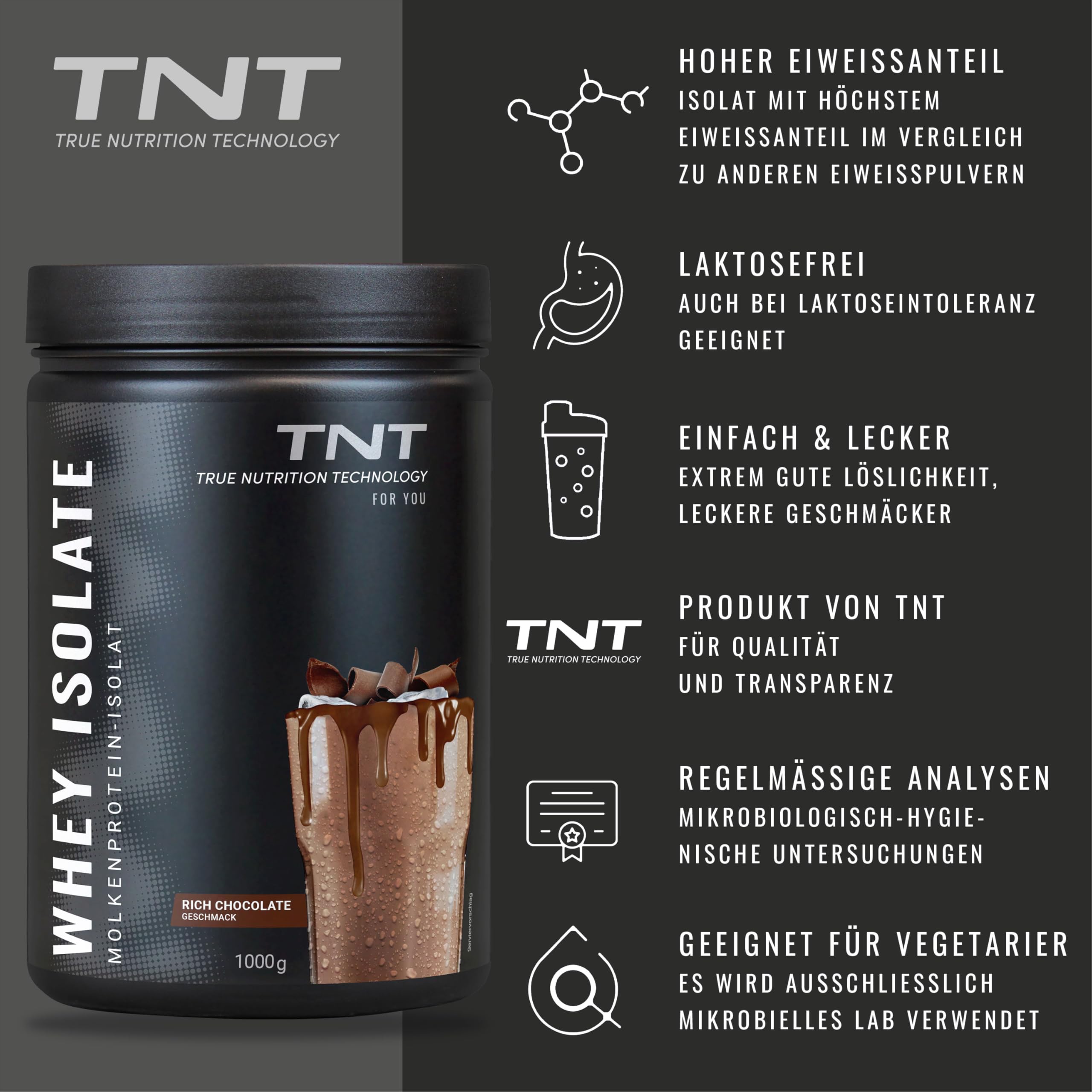 TNT Whey Protein Isolate - 1kg - Molkeprotein Isolat - Rich Chocolate | Eiweißpulver - 25g Protein pro Shake - Tolle Löslichkeit - Leckerer Geschmack - Wenig Fett & Kohlenhydrate - Vegetarisch