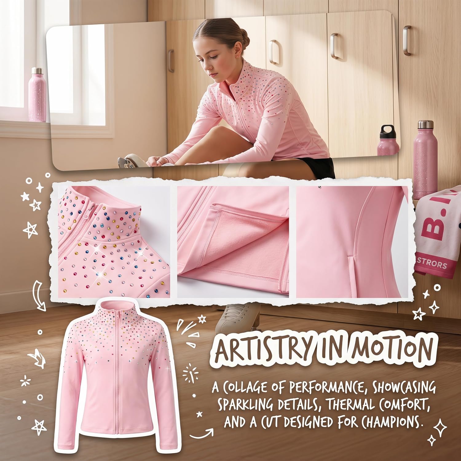 Girl's Ice Figure Skating Training Top with Plush Colored Diamonds Skating Training Clothes