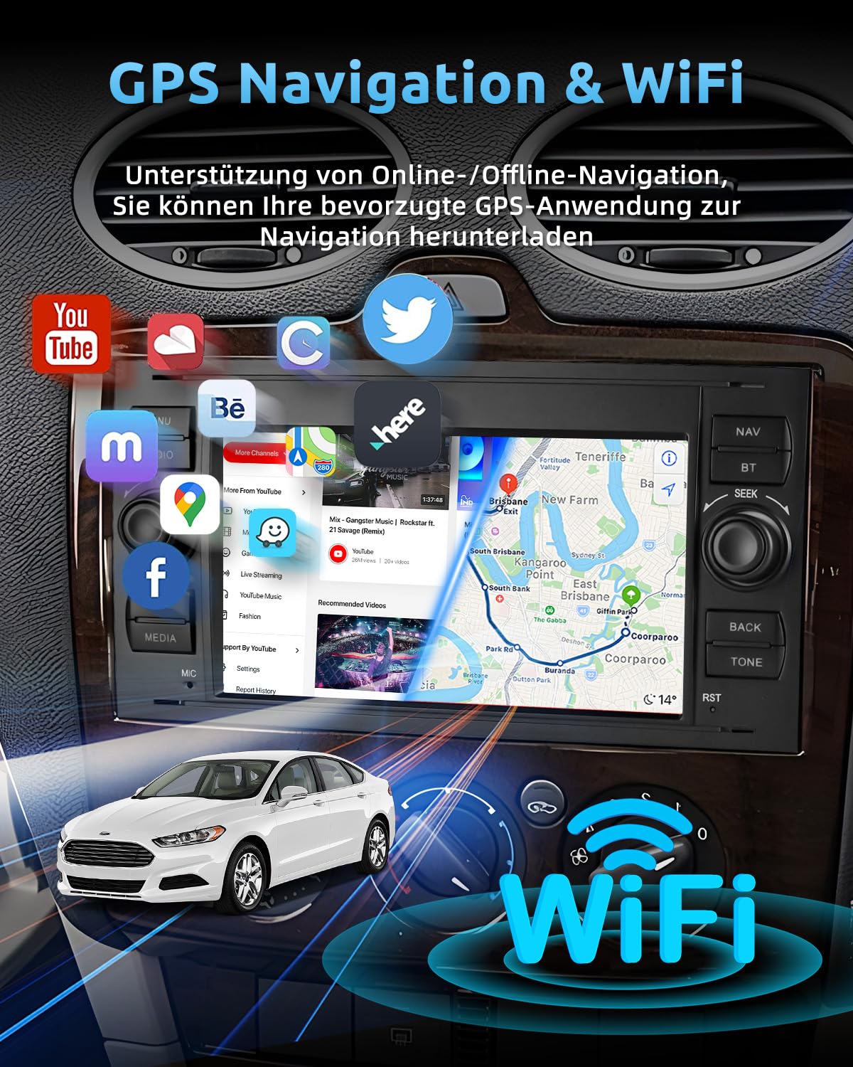 ESSGOO 2+64G Wireless Autoradio Android 14 Car Radio mit Carplay und Android Auto Für Ford Fiesta Galaxy Transit Connect MK7 Focus Fusion Kuga S/C-Max, 7 Zoll Touchscreen mit Bluetooth FM USB GPS