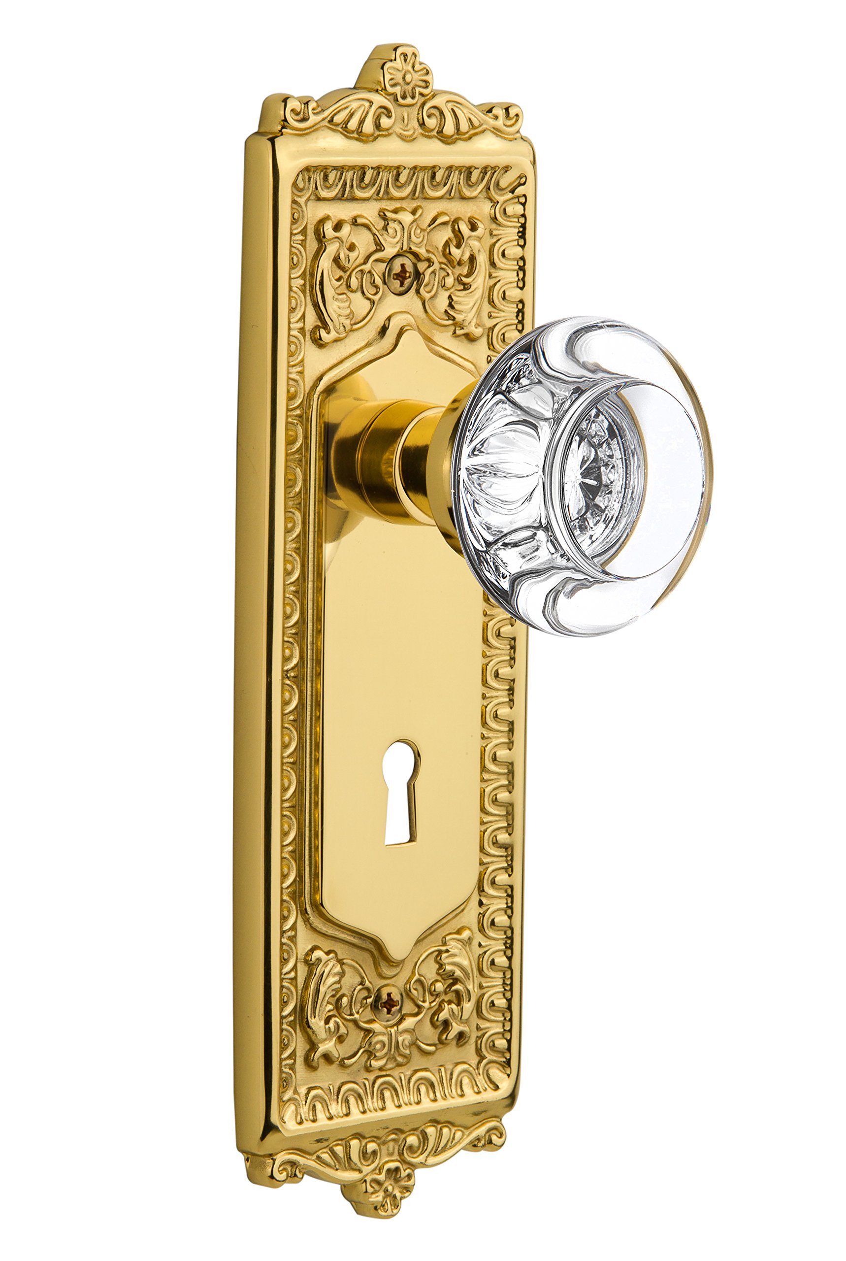Bouton de porte cristal laiton poli plaque mortaise avec trou de clé ancien