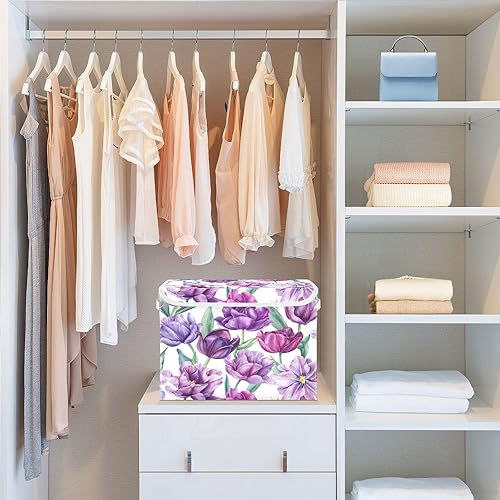 Miniatura 6 de Cajas de almacenamiento con tapas y asas de tulipanes morados plegables de tela, organizador de armario, contenedores grandes de ropa de juguetes
